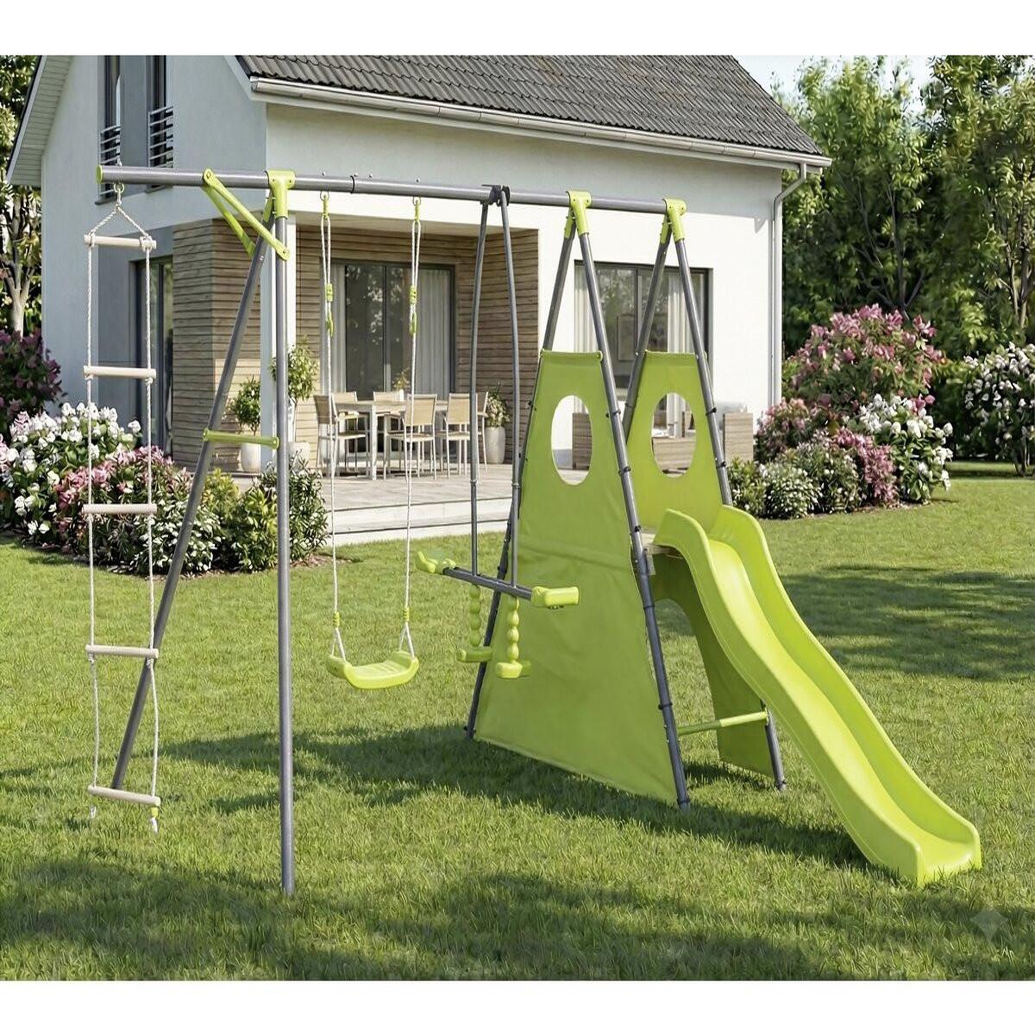 Voir la diapositive 2 : Habitat et Jardin Portique de jeu métal avec toboggan  dany - 5 agrès - vert