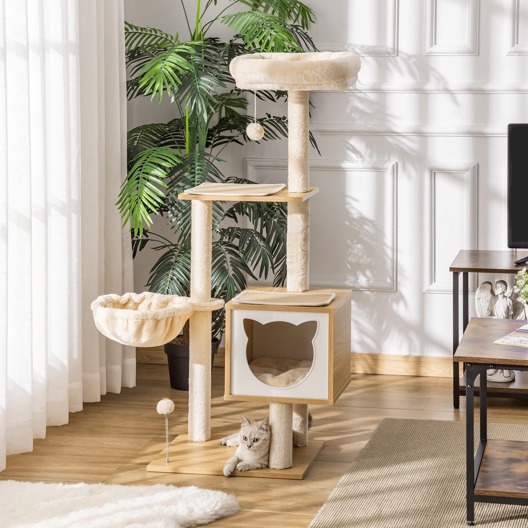 Voir la diapositive 2 : PAWHUT Arbre à chat multi-équipement griffoirs grattoirs niche hamac panier coussins amovibles h126 cm peluche courte sisal naturel beige