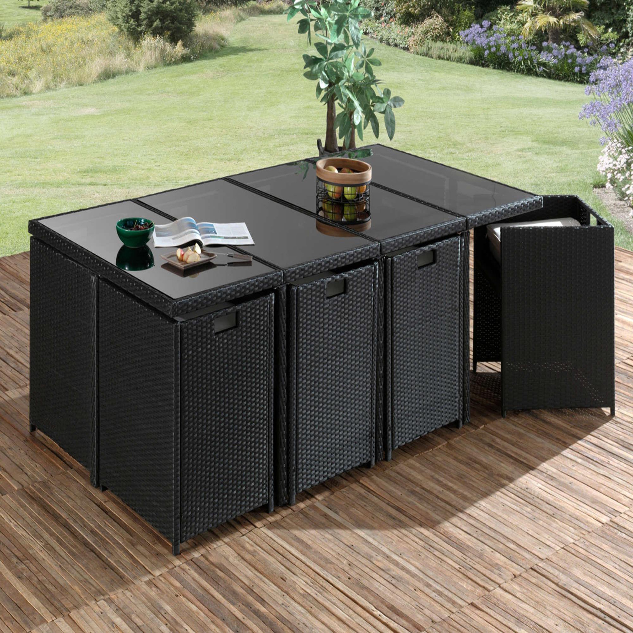 Voir la diapositive 6 : BEST MOBILIER Fira - salon de jardin encastrable 12 places - en résine tressée - noir avec coussins gris + housse de protection