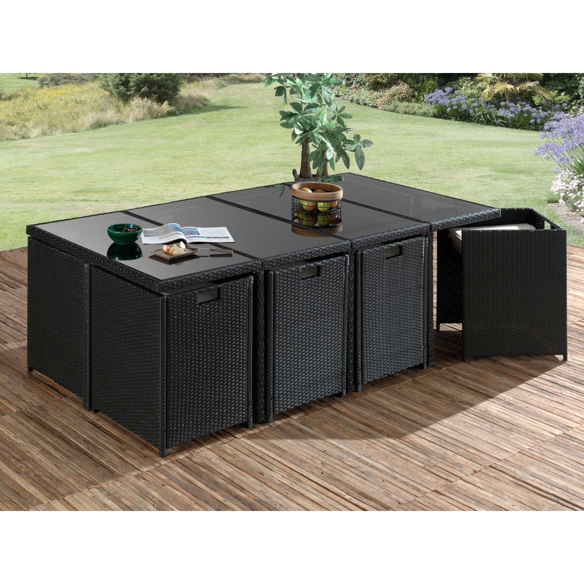 BEST MOBILIER Fira - salon de jardin encastrable 12 places - en résine tressée - noir avec coussins gris + housse de protection