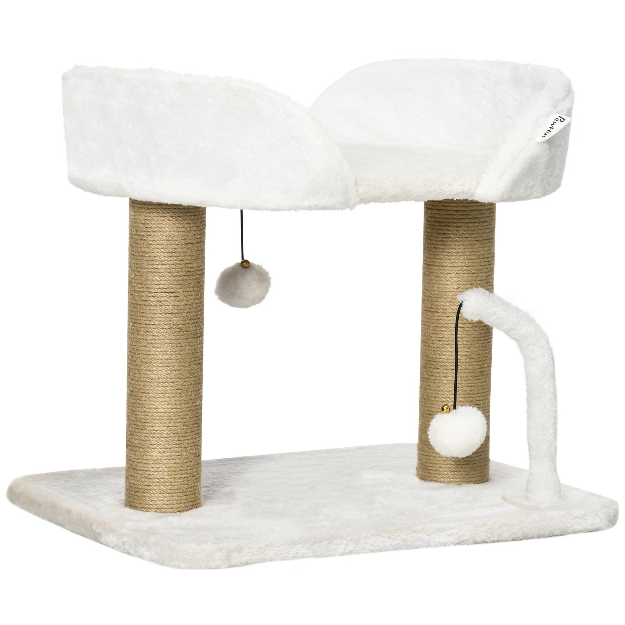 PAWHUT Arbre à chat 2 griffoirs jute naturelle panier jeu 2 boules suspendues avec clochettes peluche blanche