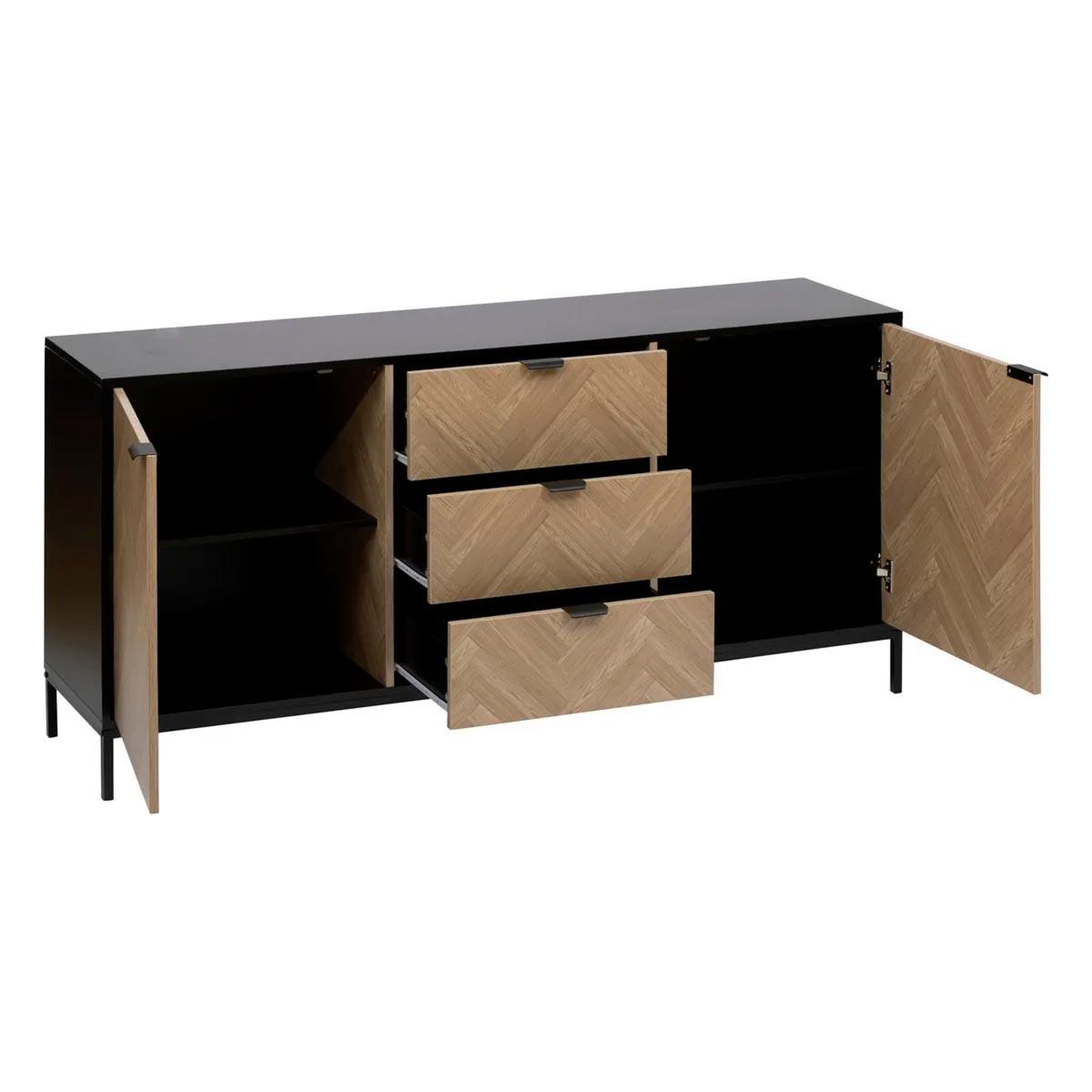 Voir la diapositive 2 : FIVE Buffet 2 portes & 3 tiroirs  chevrons  160cm naturel & noir