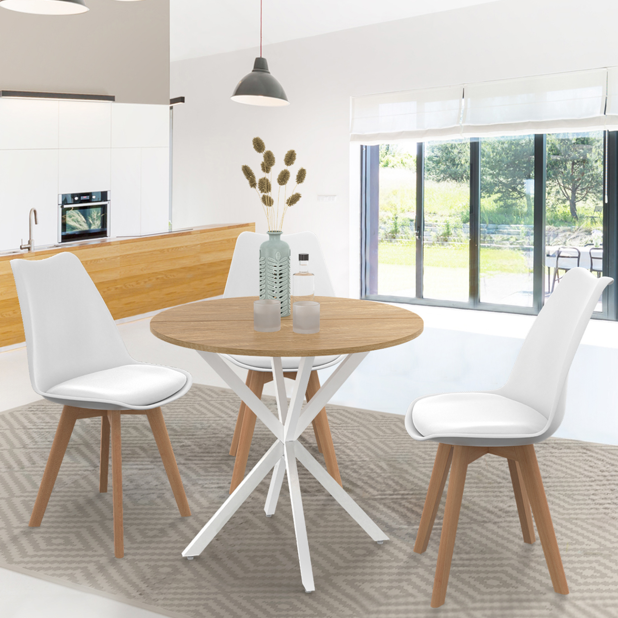 Voir la diapositive 2 : ID MARKET Table à manger ronde alix 4 personnes pied araignée bois et blanc 80 cm