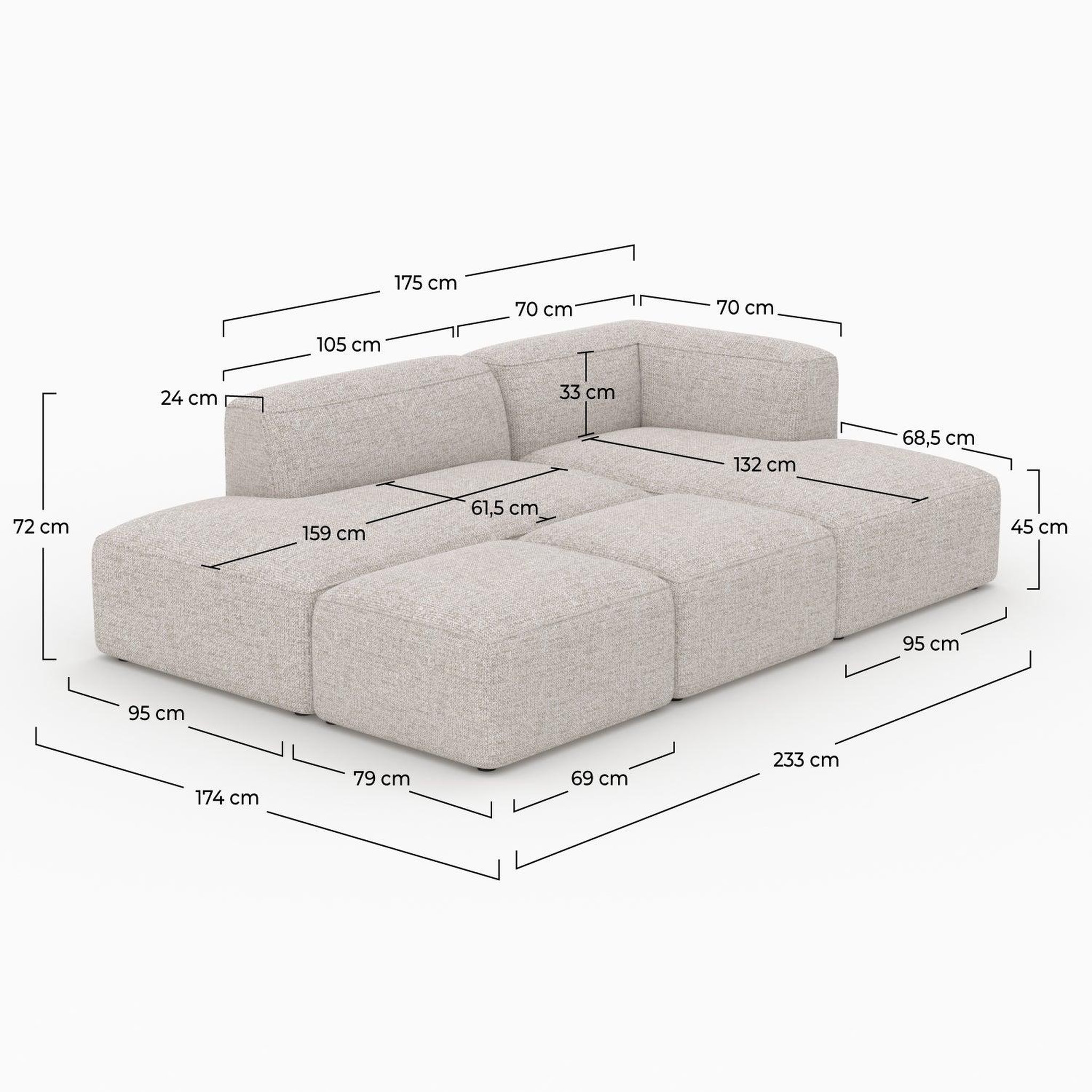 Voir la diapositive 4 : MAISON PAVANE Canapé d'angle droit modulable en tissu beige 4 places avec 2 poufs-hestia