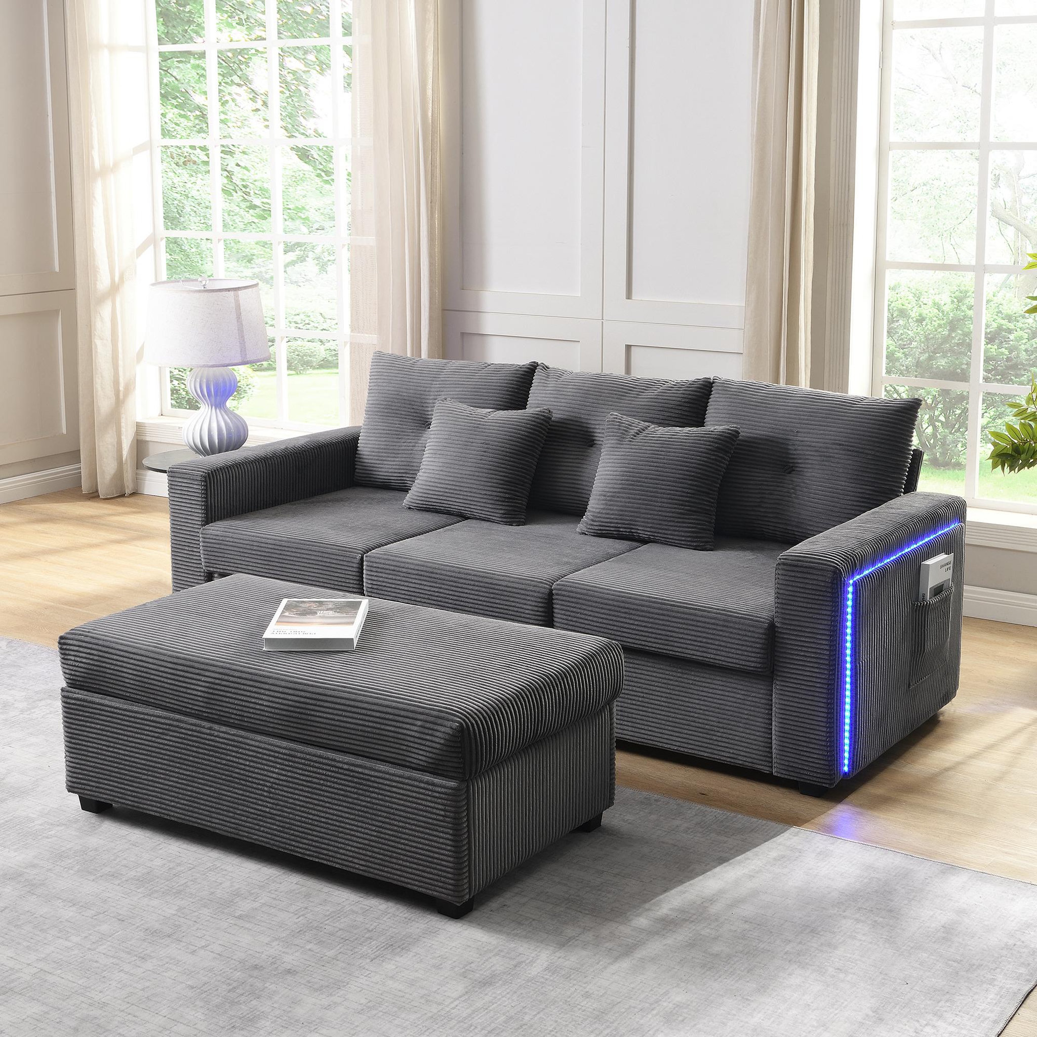 Voir la diapositive 2 : MERAX Canapé d‘angle réversible fixe 3 places tissu led