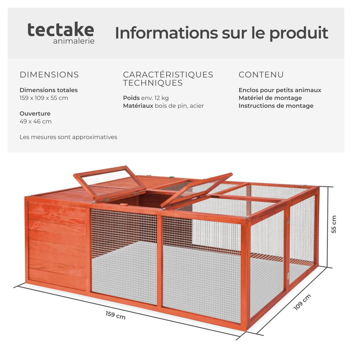 tectake Enclos pour rongeurs en bois marron