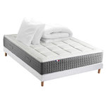 IDLITERIE Ensemble Matelas Ressort 7 zones H.28cm + Sommier + couette + oreillers Fabriqué en France MAX. Coloris disponibles : Bleu, Gris, Vert