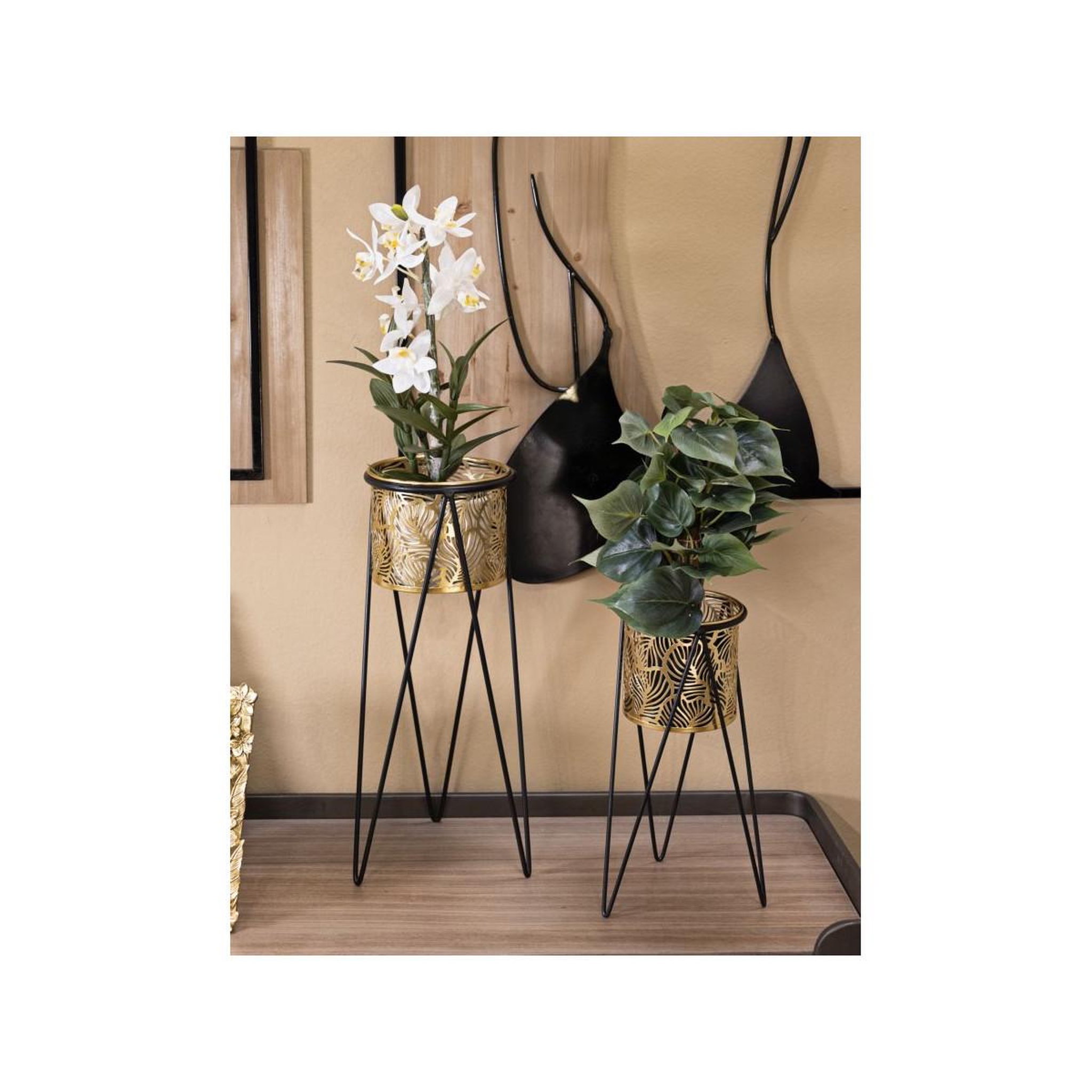 Voir la diapositive 5 : Paris Prix Lot de 2 cache-pots sur pied  drak  46cm or & noir