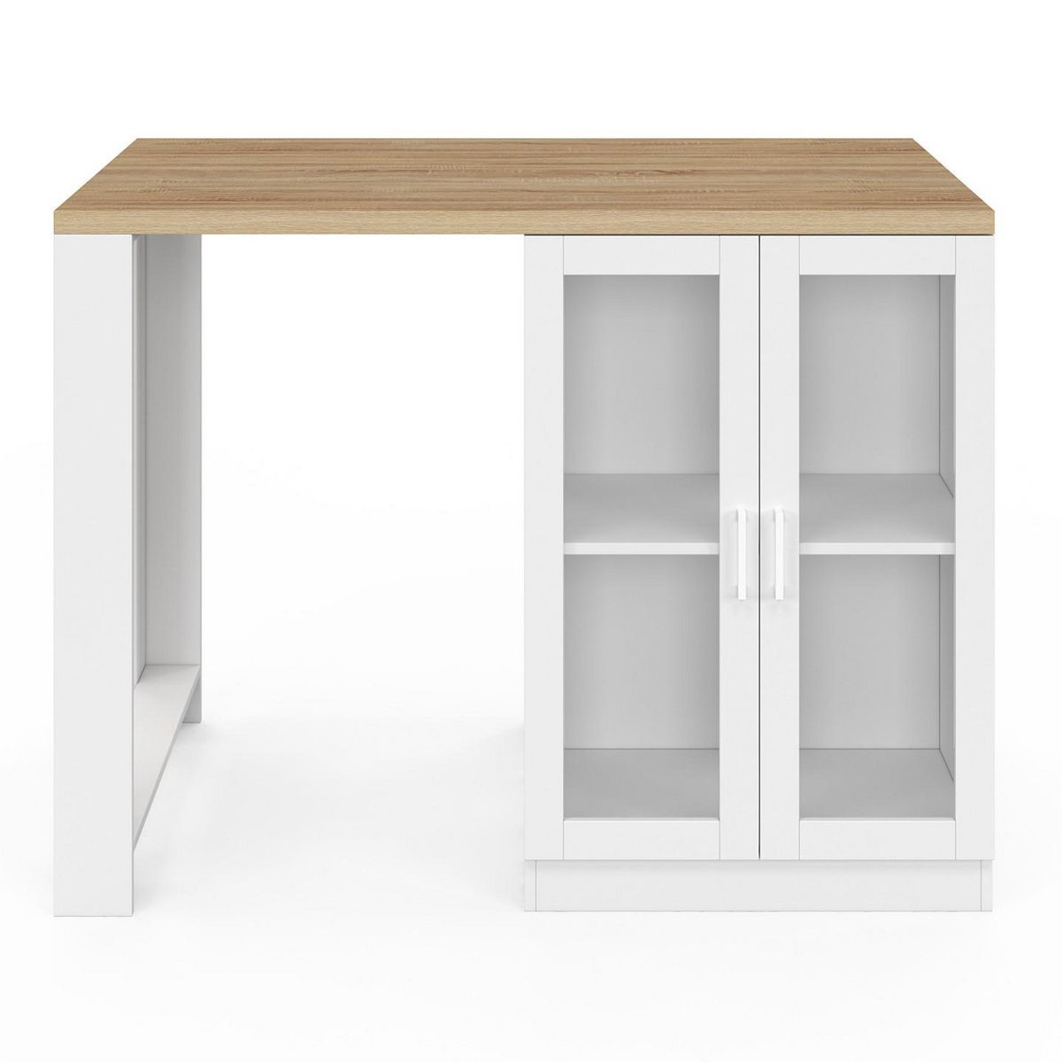 ID MARKET Ilot central LINO 120 cm 2 personnes bois blanc et plan de travail façon hêtre et portes vitrées
