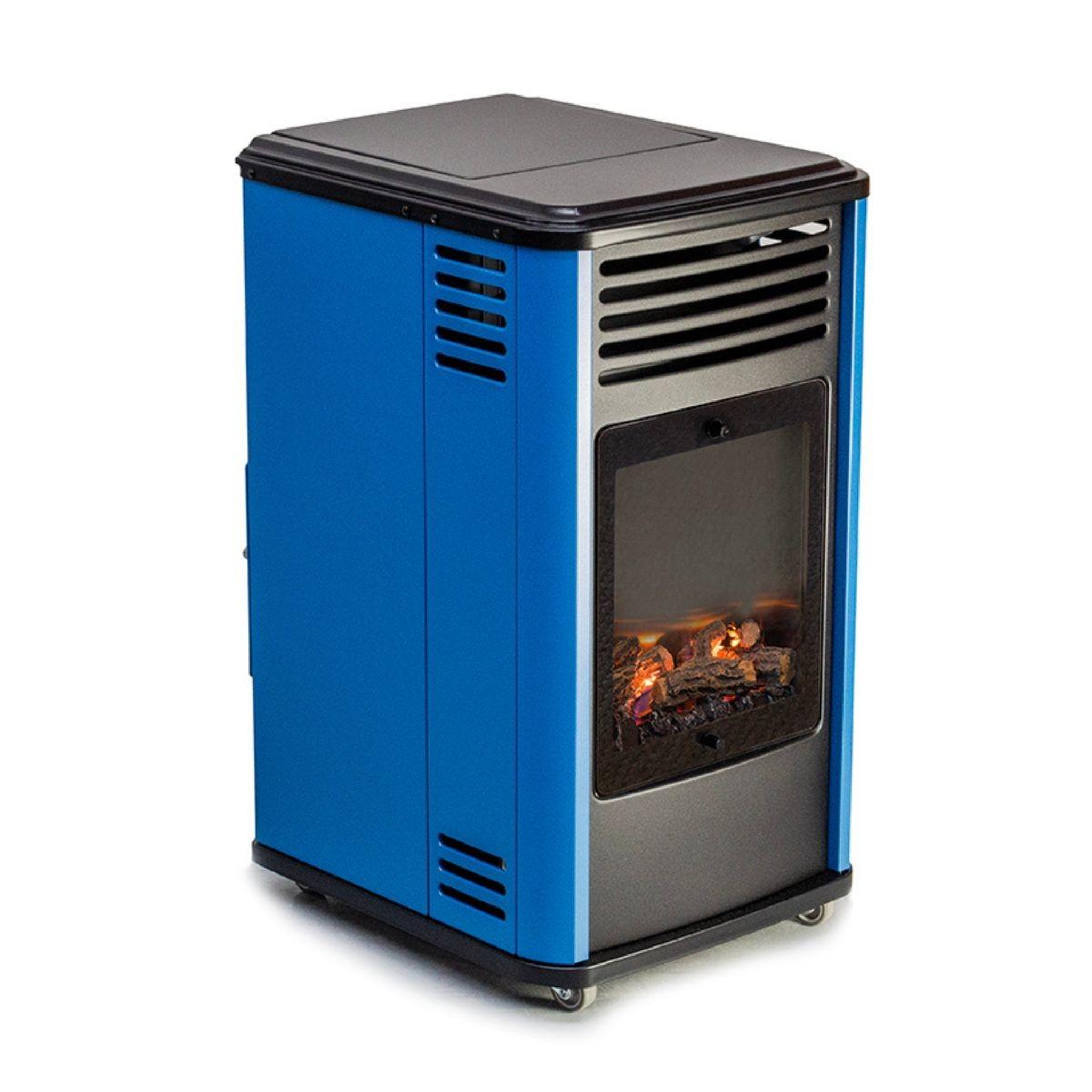 SAHARA Poêle à gaz 3,4KW Bleu et Noir - Chauffage d'appoint effet Feu de bois Manhattan Sahara
