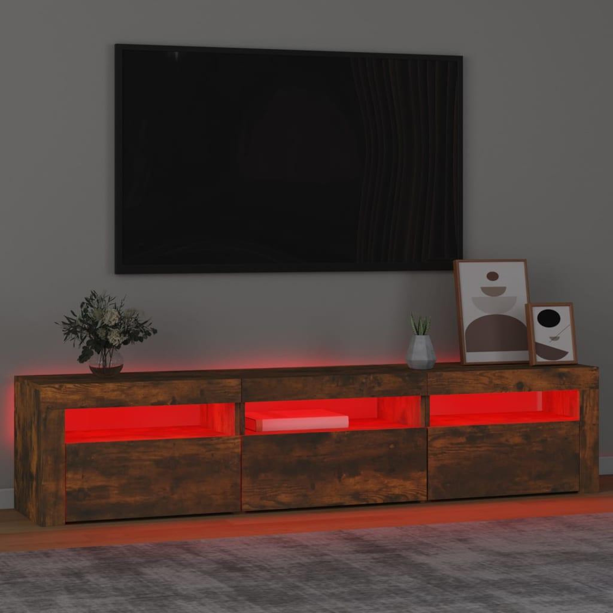 Voir la diapositive 5 : VIDAXL Meuble TV avec lumieres LED Chene fume 180x35x40 cm