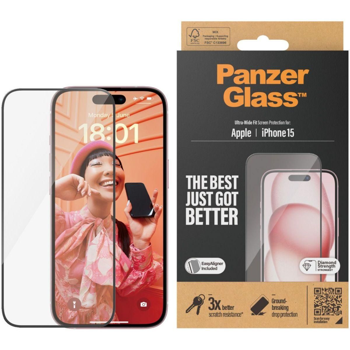 PANZERGLASS Protège écran iPhone 15 Ultra-Wide-Fit