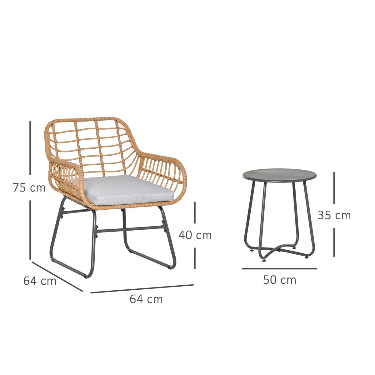 OUTSUNNY Outsunny Ensemble bistro de jardin 2 places 3 pièces style exotique 2 fauteuils + table basse résine tressée beige acier époxy gris