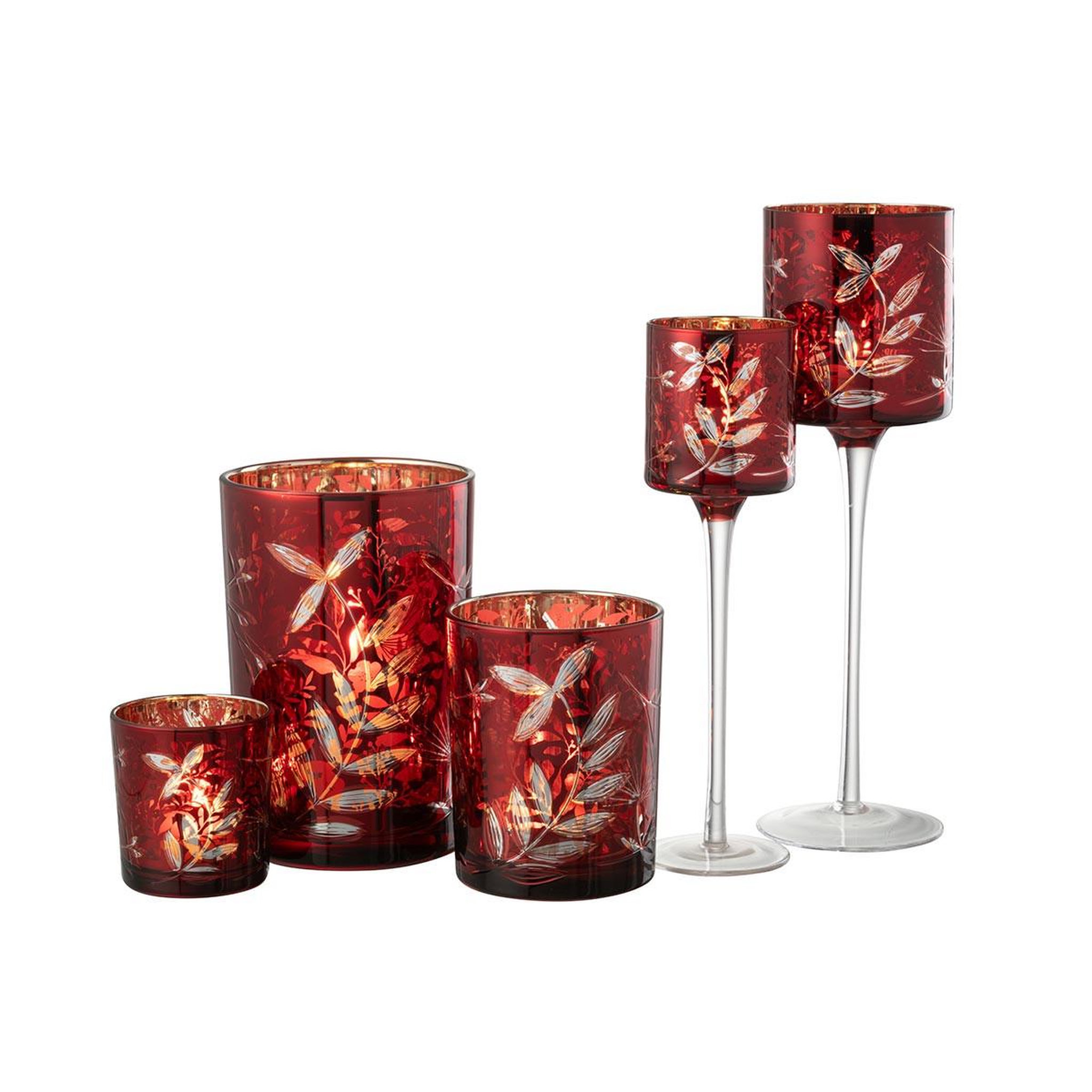Voir la diapositive 4 : J-LINE Photophore Déco en Verre  Feuilles  18cm Rouge
