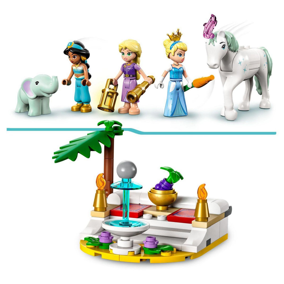 LEGO Disney Princess 43216 Le voyage enchanté des princesses, Jouet avec Mini-Poupées Cendrillon, Jasmine, Raiponce avec Cheval, Tapis volant