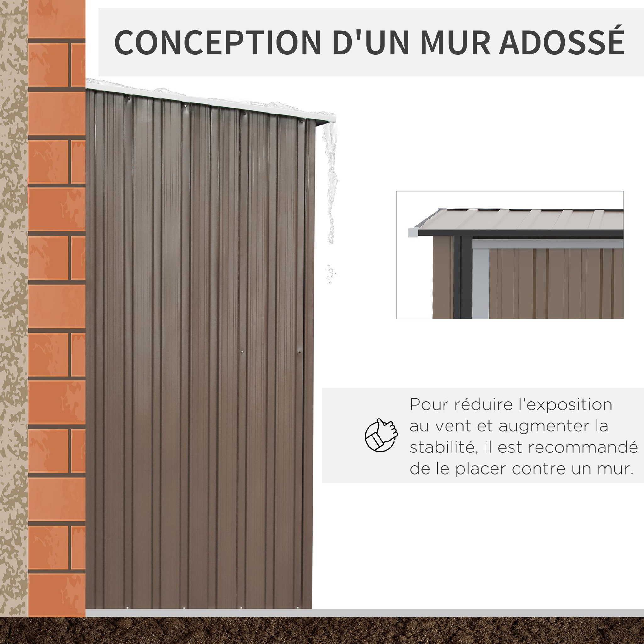 Voir la diapositive 6 : OUTSUNNY Abri de jardin - remise pour outils - cabanon porte verrouillable - dim. 142L x 84l x 189H cm - tôle d'acier marron blanc