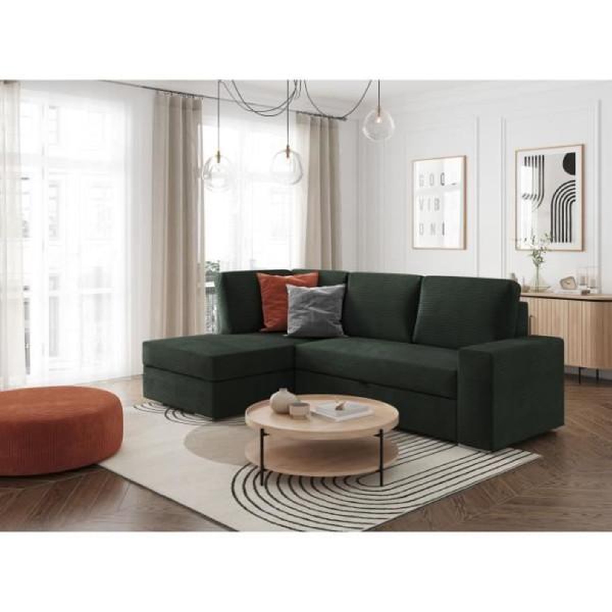 Voir la diapositive 2 : LOUNGITUDE Canapé d'angle gauche 3 places convertible ADEN avec coffre en velours côtelé - Vert foncé - L246 x P174 x H96cm - LOUNGITUD