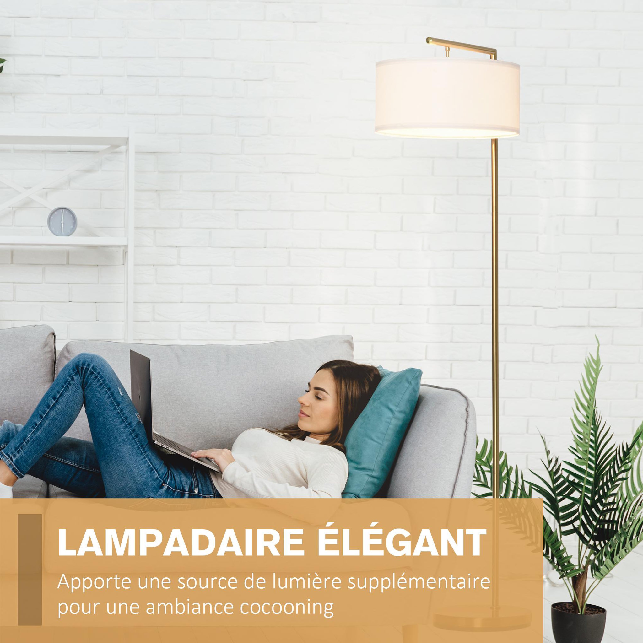 Voir la diapositive 4 : HOMCOM Lampadaire design néo-rétro max. 40 w 153h cm abat-jour circulaire aspect lin blanc piètement structure métal doré