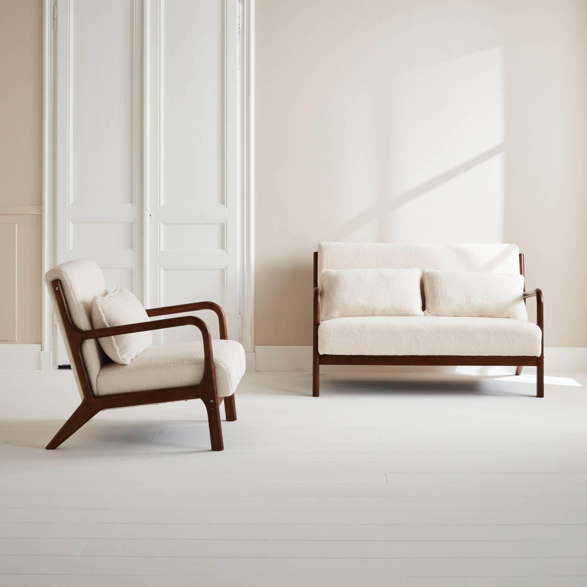 Voir la diapositive 5 : SWEEEK Banquette 2 places + Fauteuil bouclette en bois d'hévéa teinté noyer clair