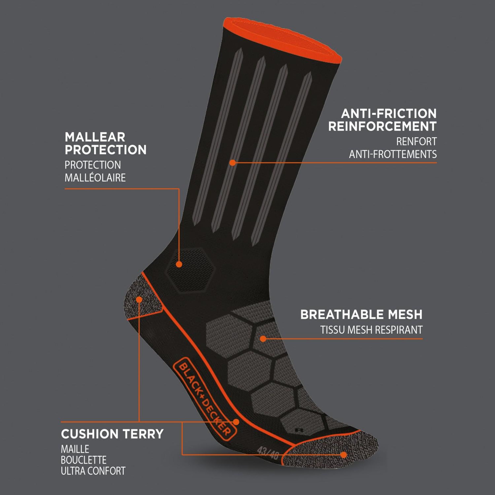 Voir la diapositive 2 : Black et Decker Lot de 4 Paires de Chaussettes hautes de travail Tool