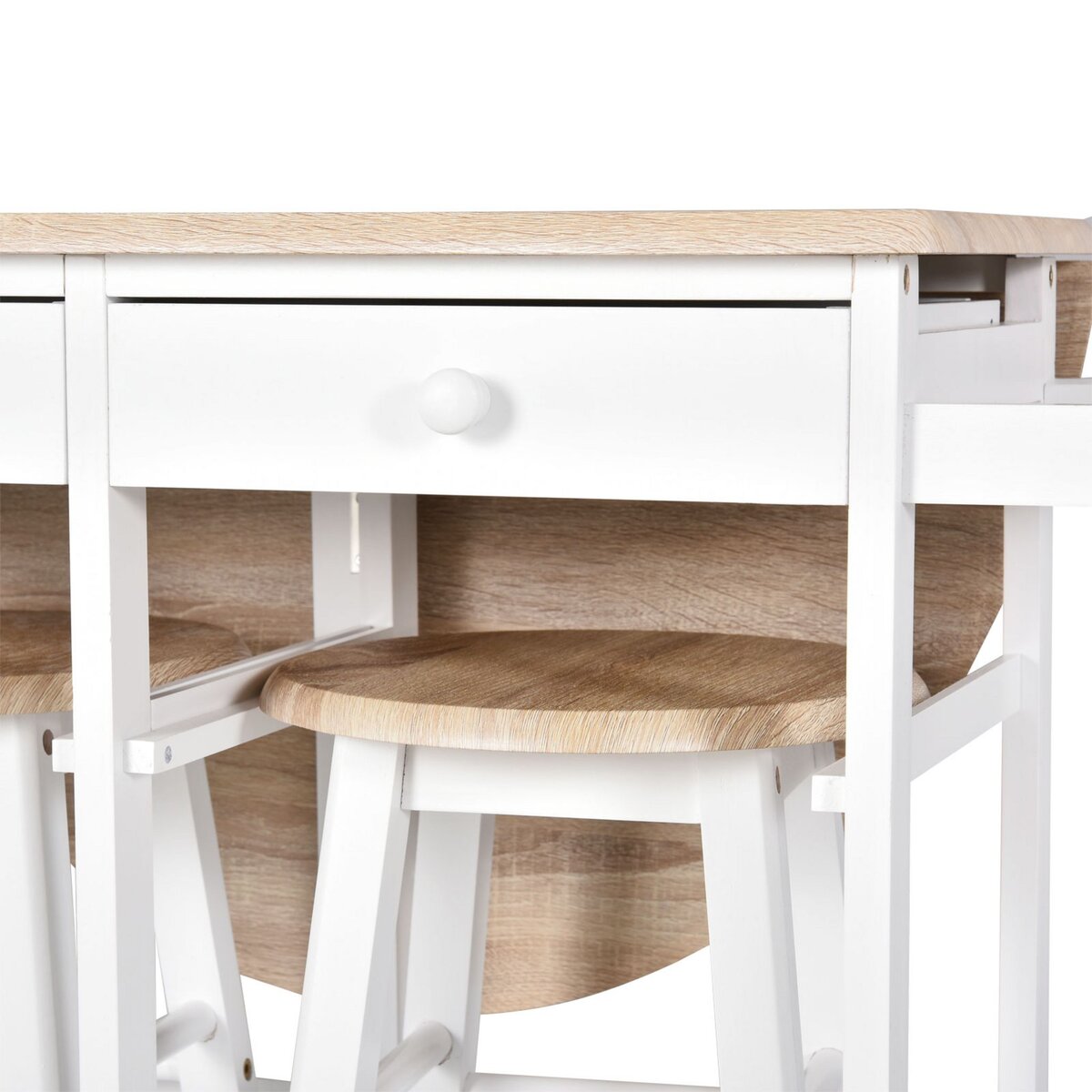 HOMCOM Ensemble table de bar pliable sur roulettes avec étagère et 2 tiroirs + 2 tabourets bois pin MDF blanc chêne clair