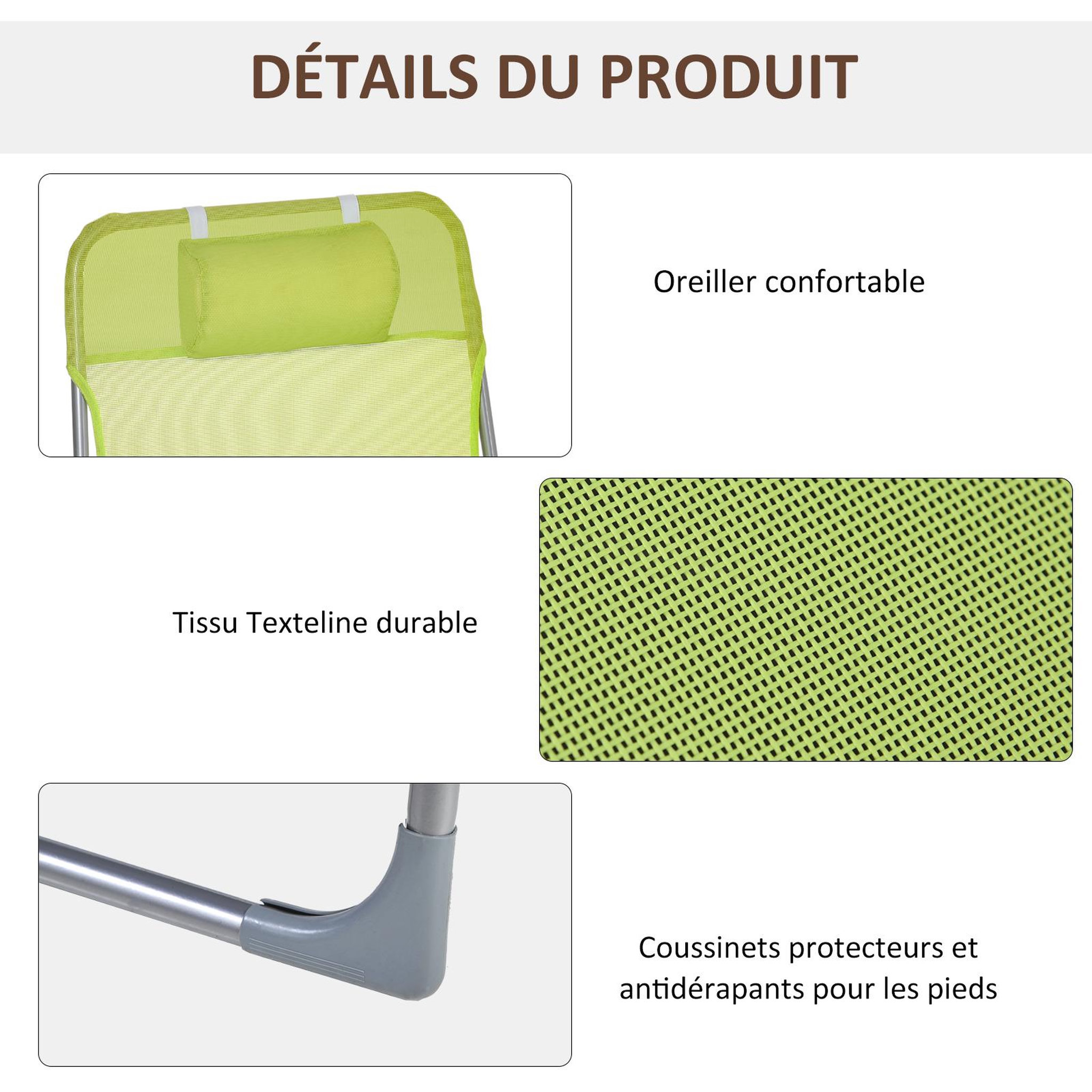 Voir la diapositive 5 : OUTSUNNY Bain de soleil transat pliable dossier réglable 5 positions acier teslin vert