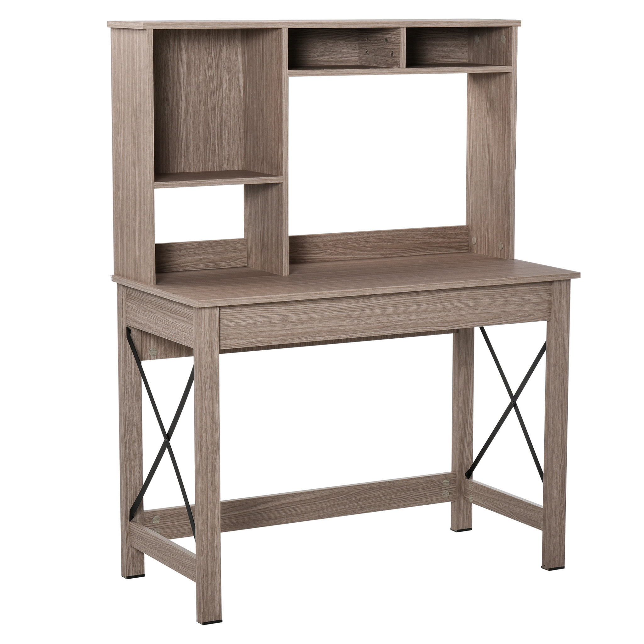 Voir la diapositive 1 : HOMCOM Bureau bibliothèque 2 en 1 - 3 niches 4 espaces de rangement - panneaux particules aspect bois marron clair métal noir