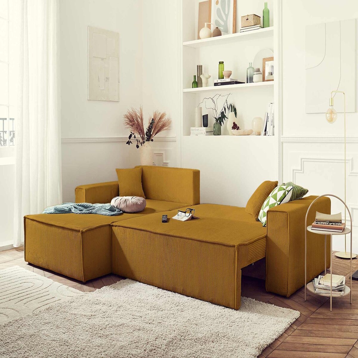 BEST MOBILIER Dellia - canapé d'angle réversible convertible - avec coffre - en velours côtelé - 4 places