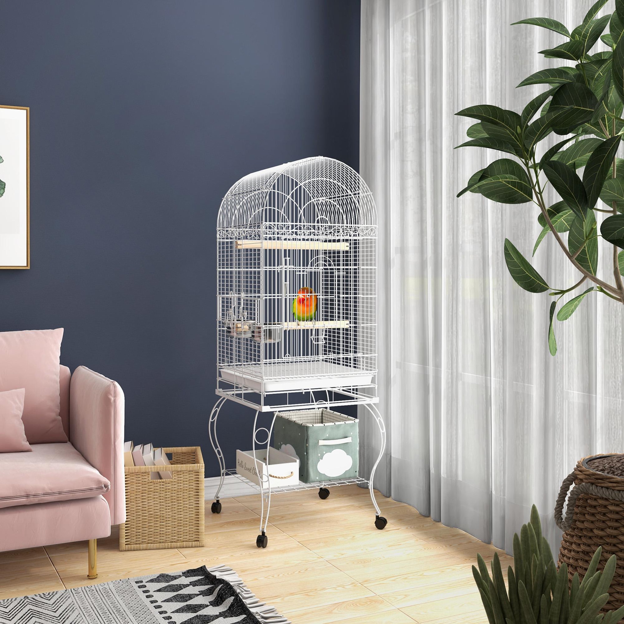 Voir la diapositive 2 : PAWHUT Cage à oiseaux volière sur roulettes - étagère, grille, plateau amovible, 2 bols acier inox, perchoir - acier blanc