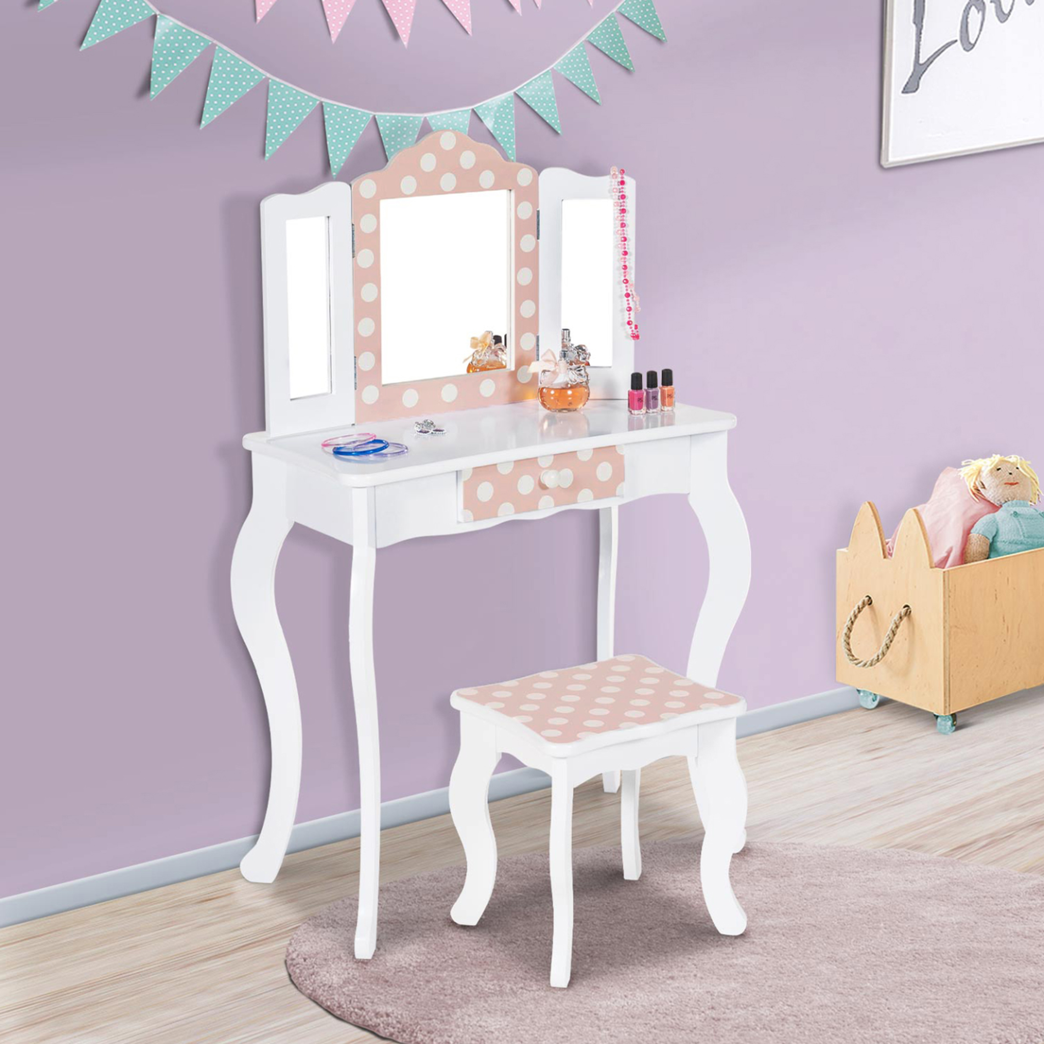 Voir la diapositive 4 : ID MARKET Coiffeuse enfant roza blanche et rose avec 3 miroirs et tabouret
