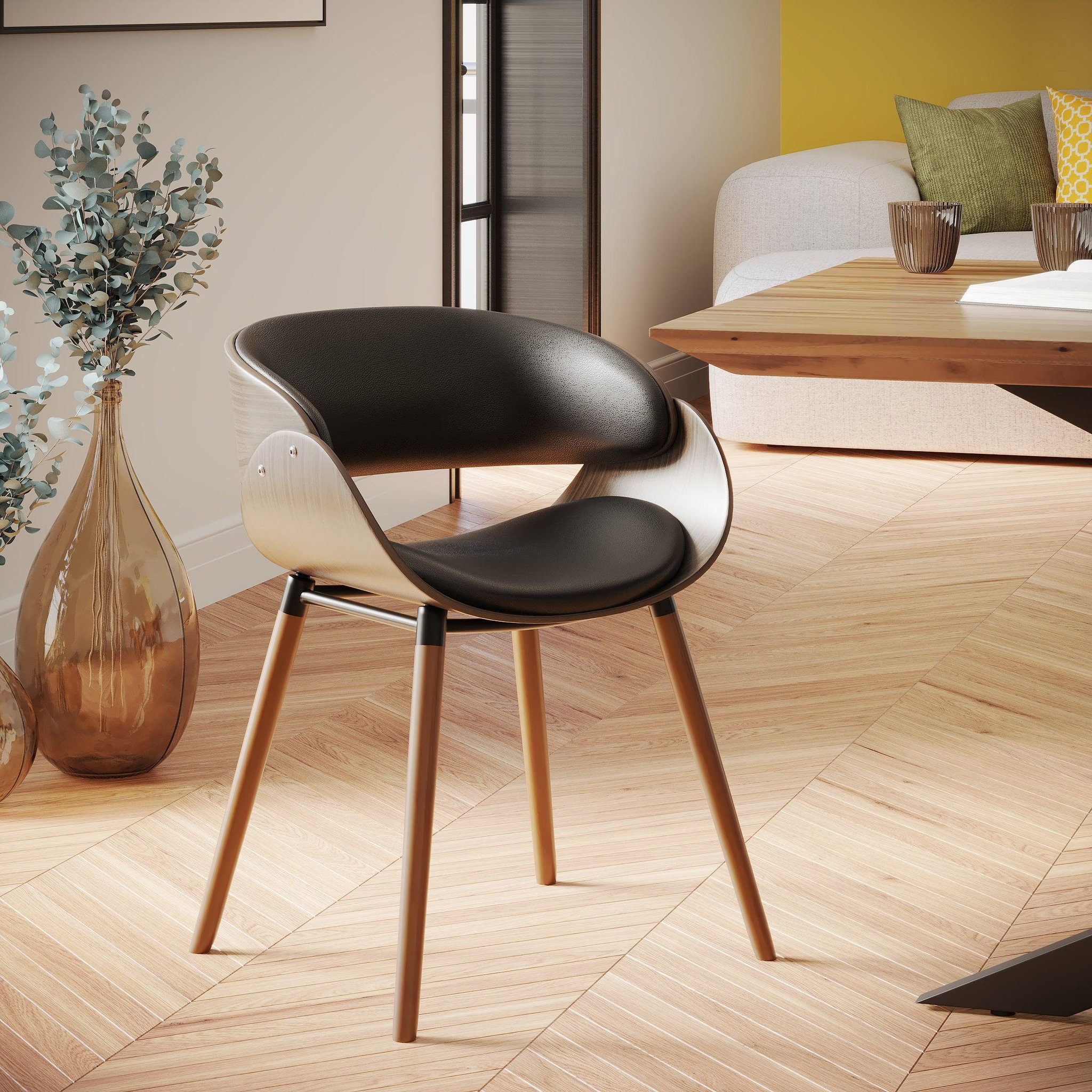 Voir la diapositive 2 : MAISON PAVANE Chaise en cuir synthétique noir et bois plaqué noyer-polo