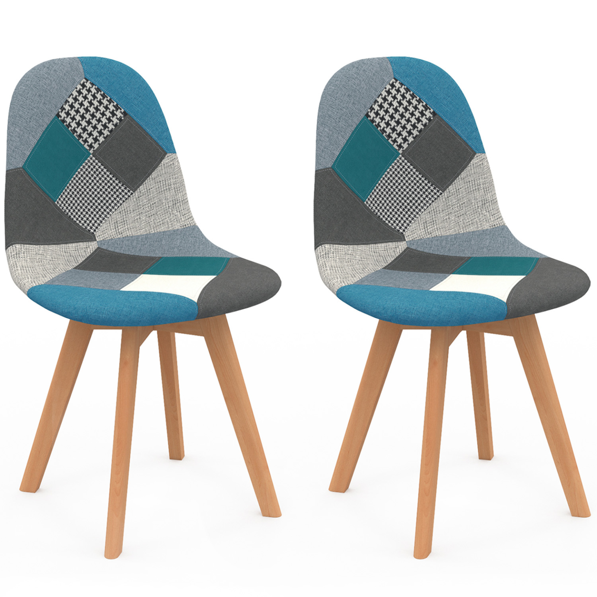ID MARKET Lot de 2 chaises scandinaves sara motifs patchworks bleus