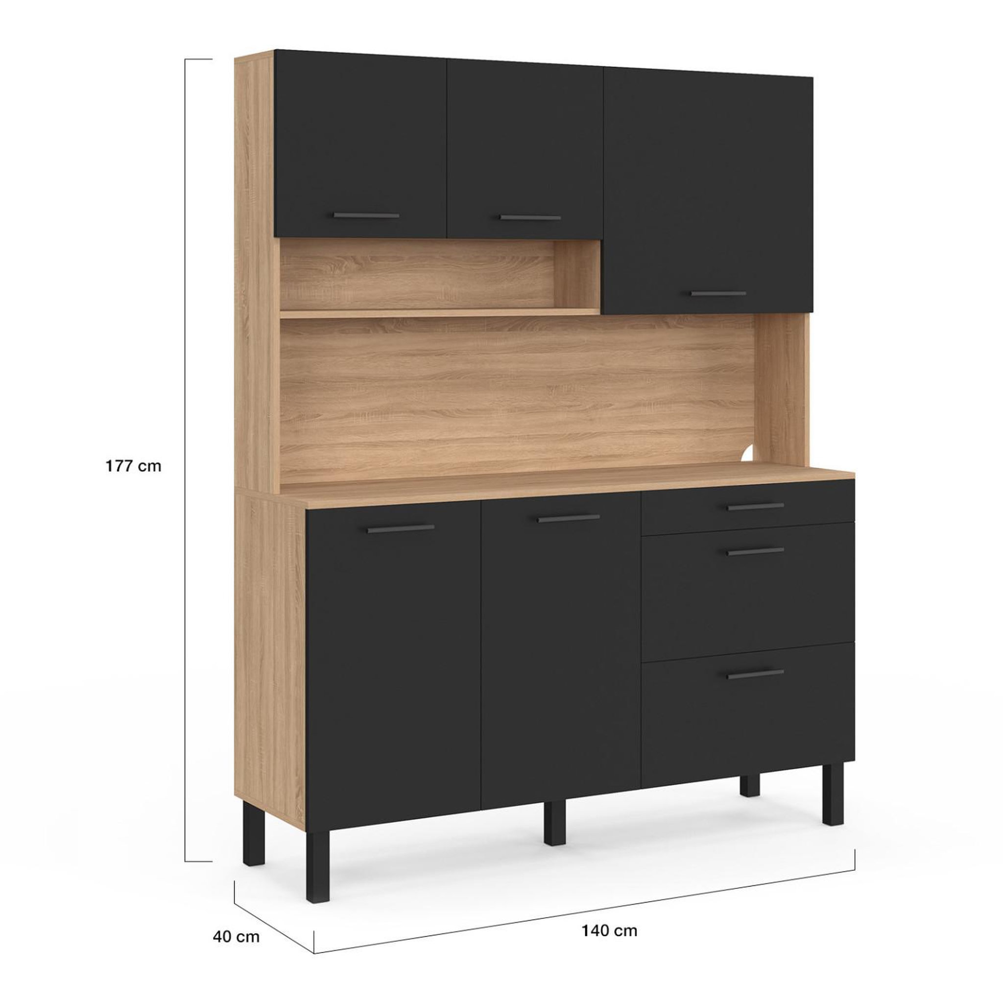 Voir la diapositive 5 : ID MARKET Buffet casserolier de cuisine 140 cm cina 5 portes + 3 tiroirs façon hêtre et noir