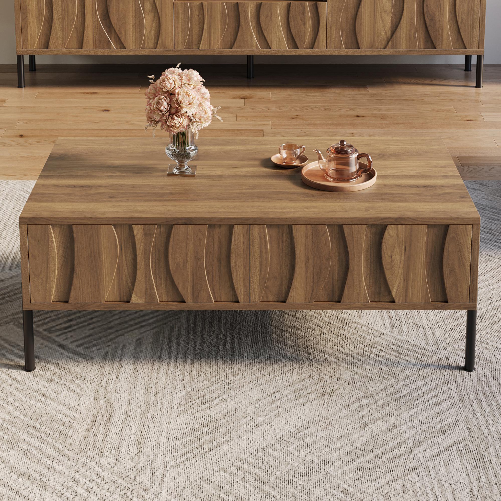 Voir la diapositive 2 : MERAX Table basse rectangulaire naturel avec 2 tiroirs - 55x105 cm mdf