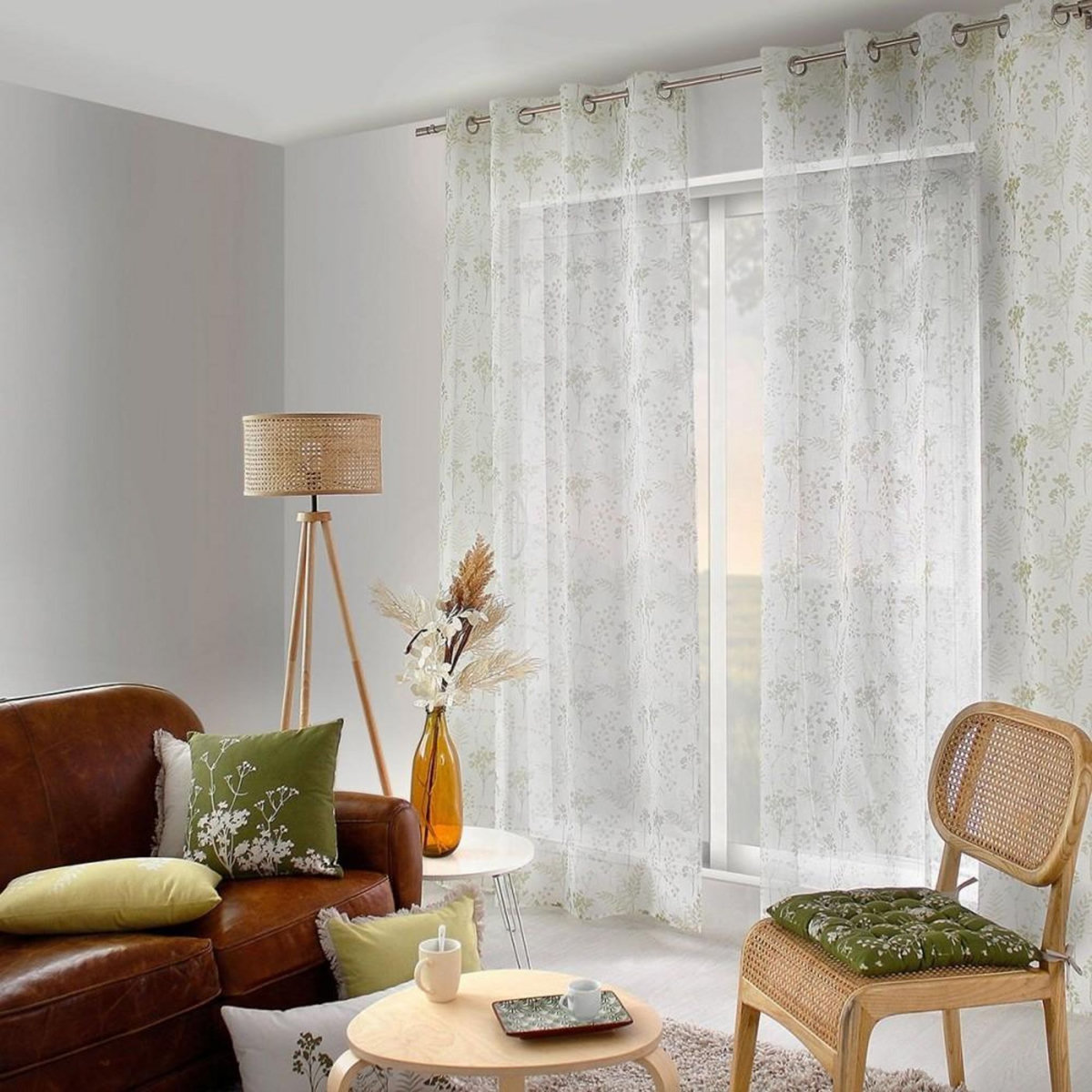 DECOSTARS Voilage à œillets 140x240 Herbier blanc vert tilleul