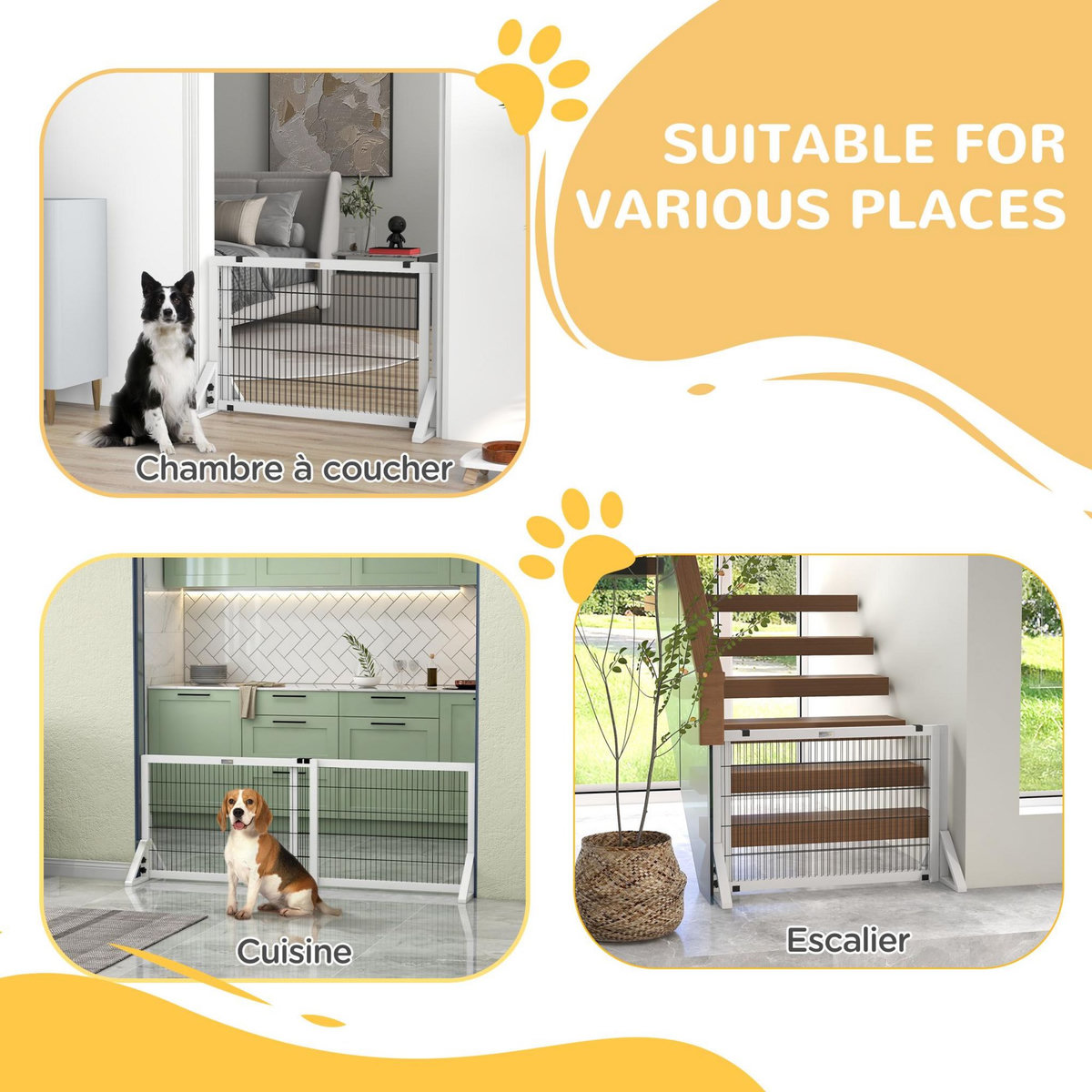 PAWHUT Barrière de sécurité pour chien barrière de protection à 2 panneaux largeur réglable 101-181 cm en bois acier blanc