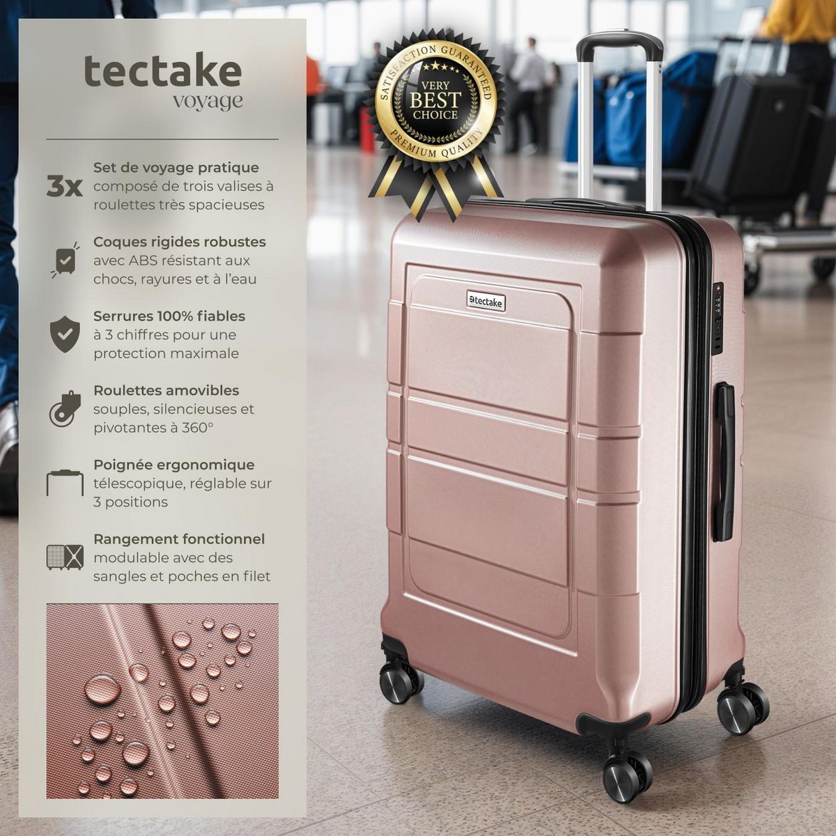 tectake Set de valises de voyage 3 pièces en plastique ABS robuste avec revêtement en polycarbonate or rose