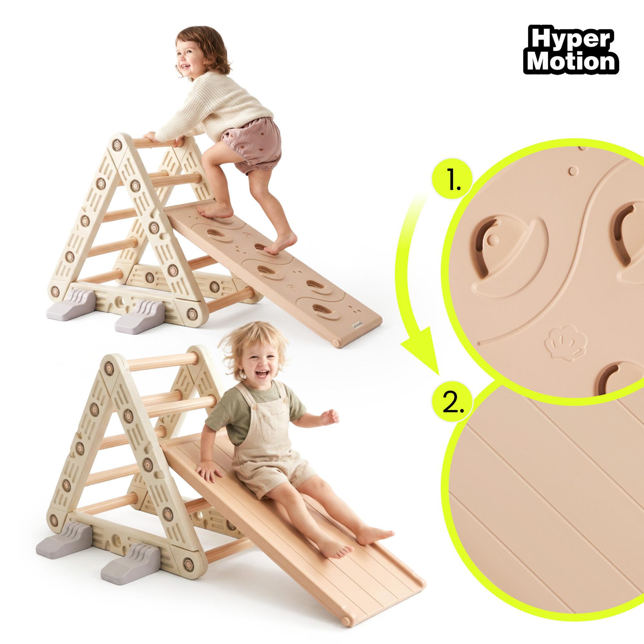 Voir la diapositive 5 : HYPERMOTION Aire de Jeux Évolutive 3 en 1 en PEHD Toboggan Escalade et Bascule Dim 110x44cm Beige-Gris