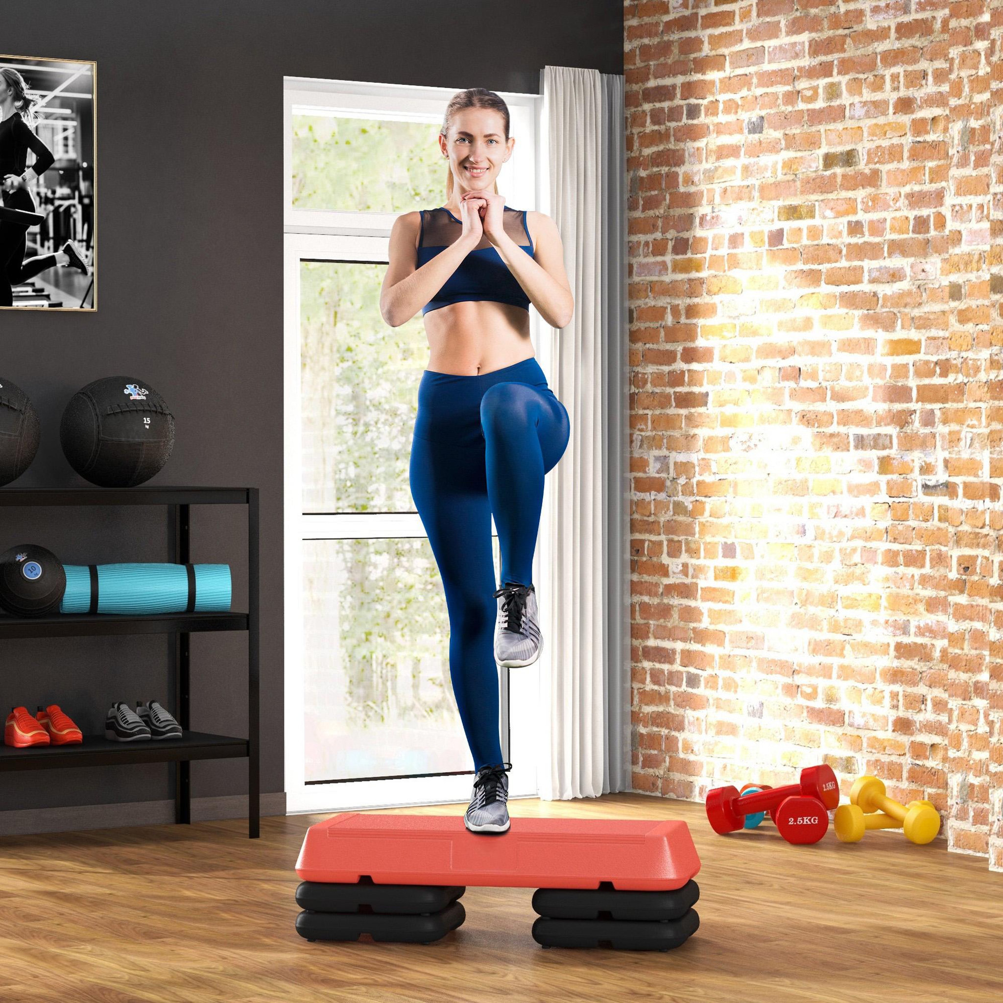 Voir la diapositive 2 : HOMCOM Stepper aérobic fitness hauteur réglable 3 niv. 10/15/20 cm surface antidérapante PE rouge
