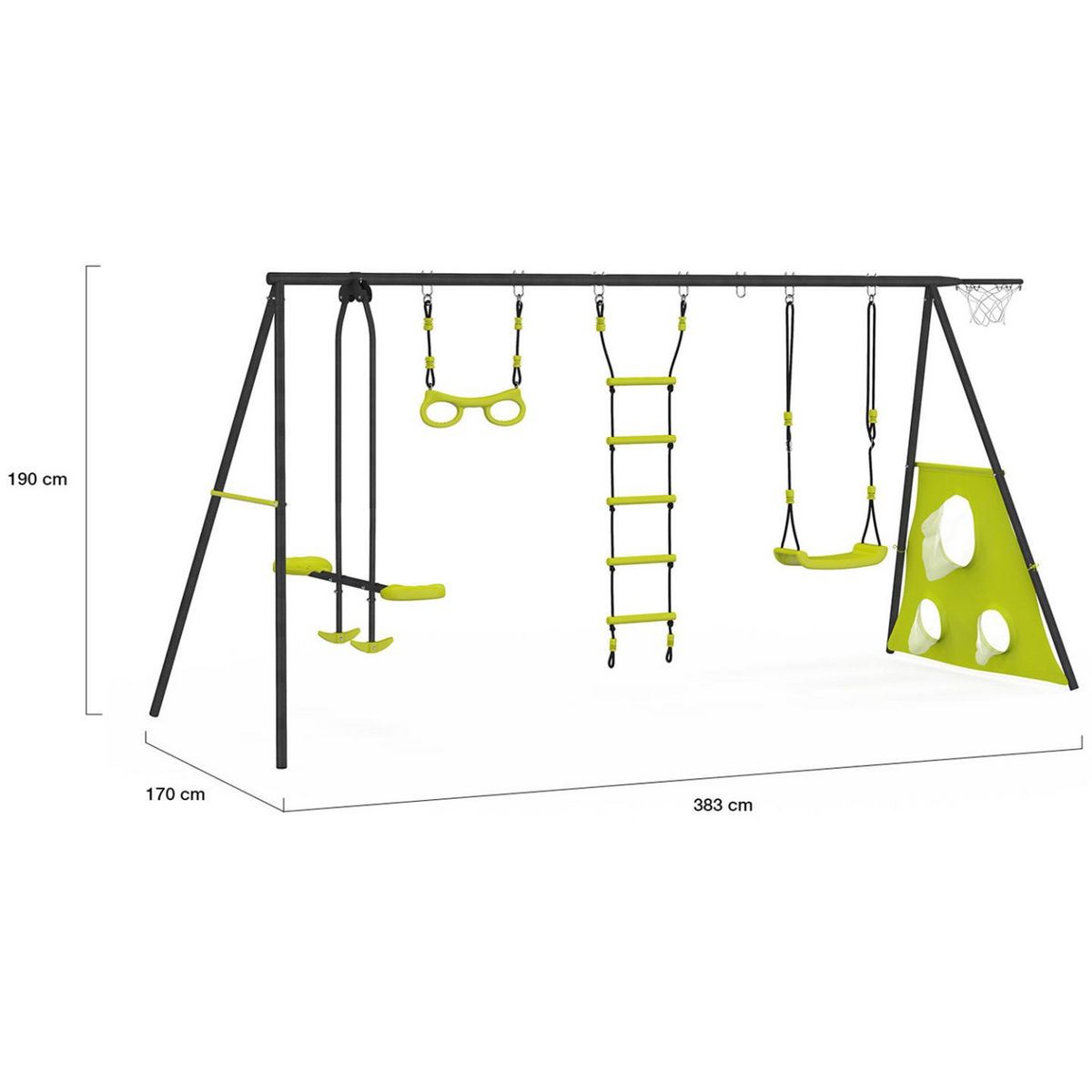 ID MARKET Balançoire 4 agrès portique avec balançoire face à face trapèze échelle panier de basket et buts de foot