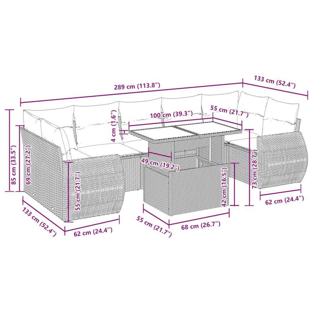 VIDAXL Salon de jardin 8 pcs avec coussins gris resine tressee