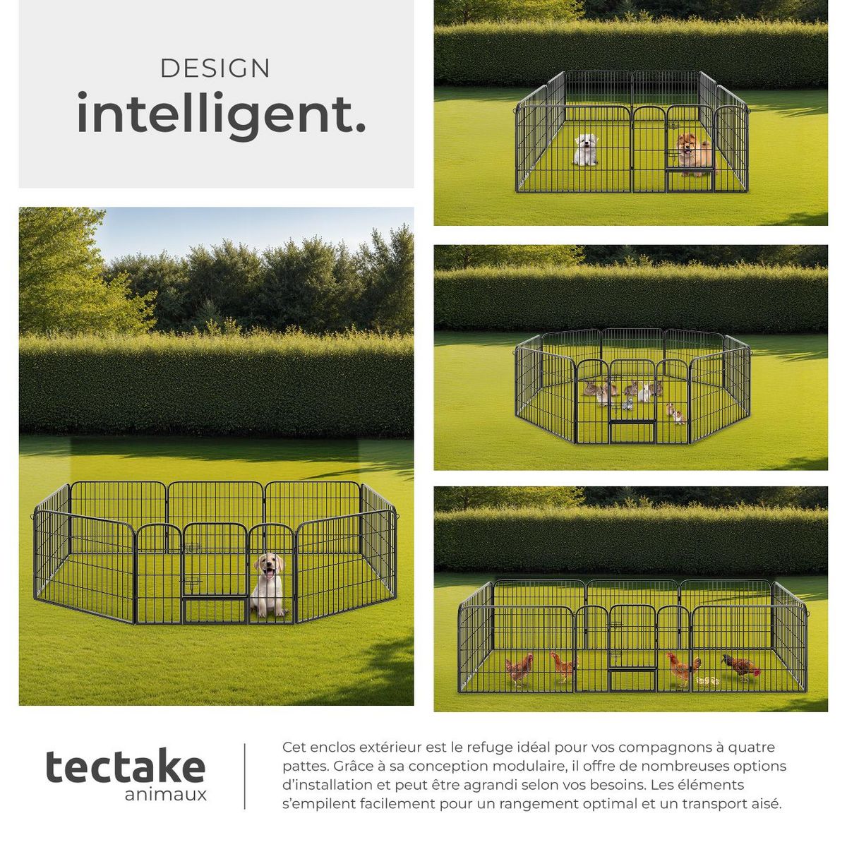 tectake Enclos pour chiots et chiens 8 parties, pliable gris