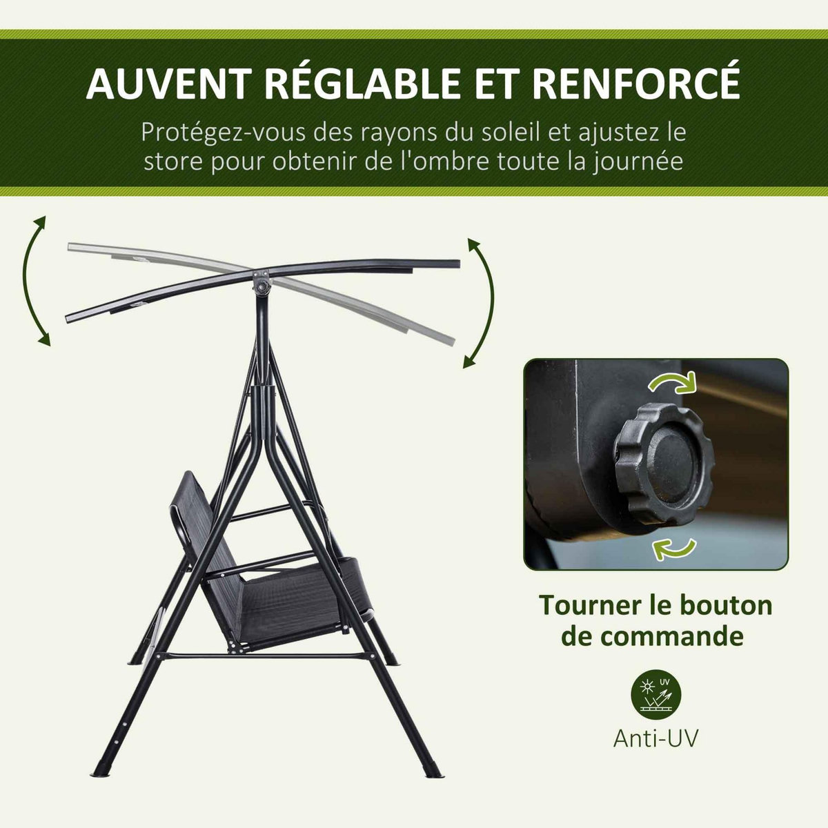 OUTSUNNY Balancelle de jardin 2 places - toit inclinaison réglable - acier textilène noir