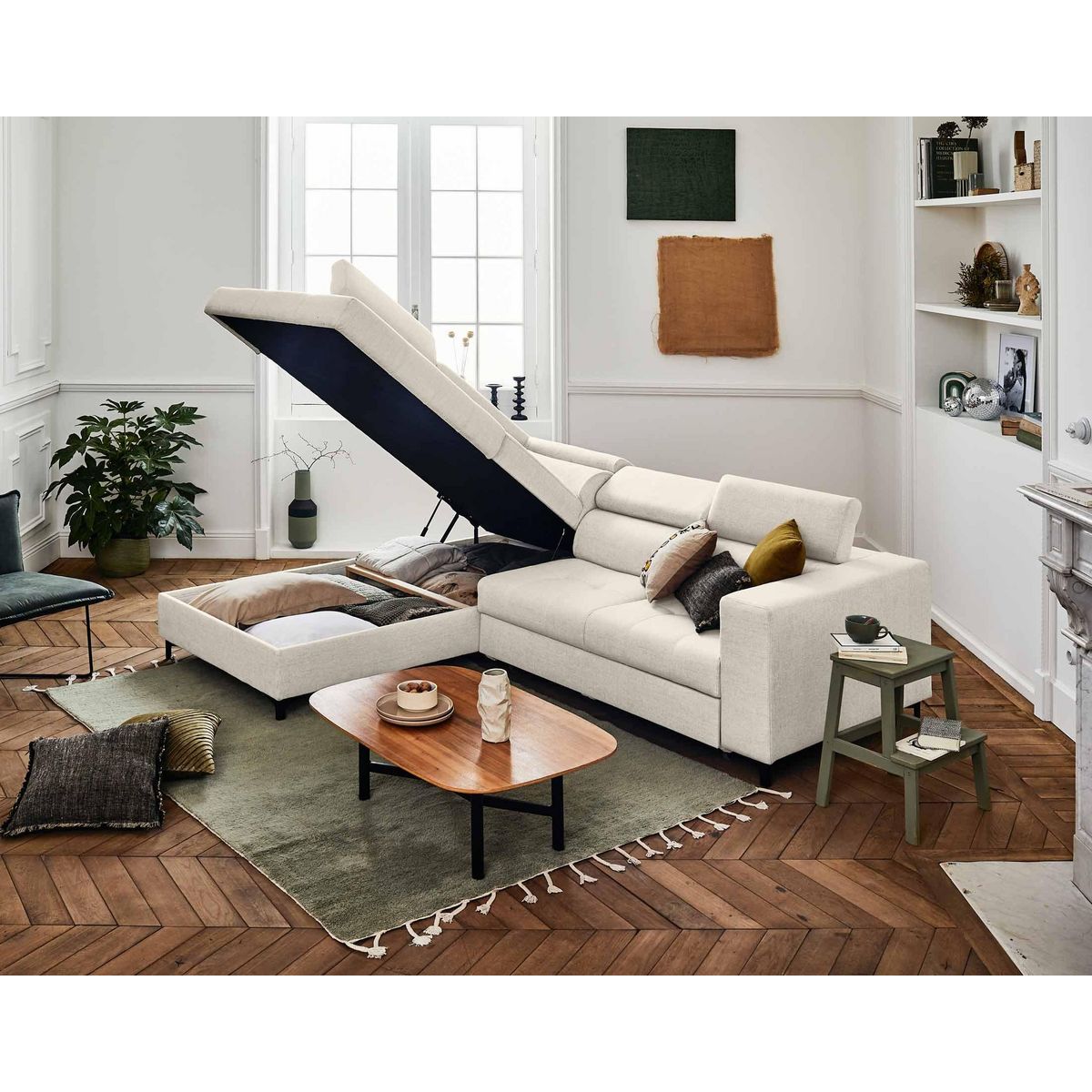 LISA DESIGN Olinda - canapé d'angle gauche - 5 places - convertible avec coffre et têtières réglables - en tissu