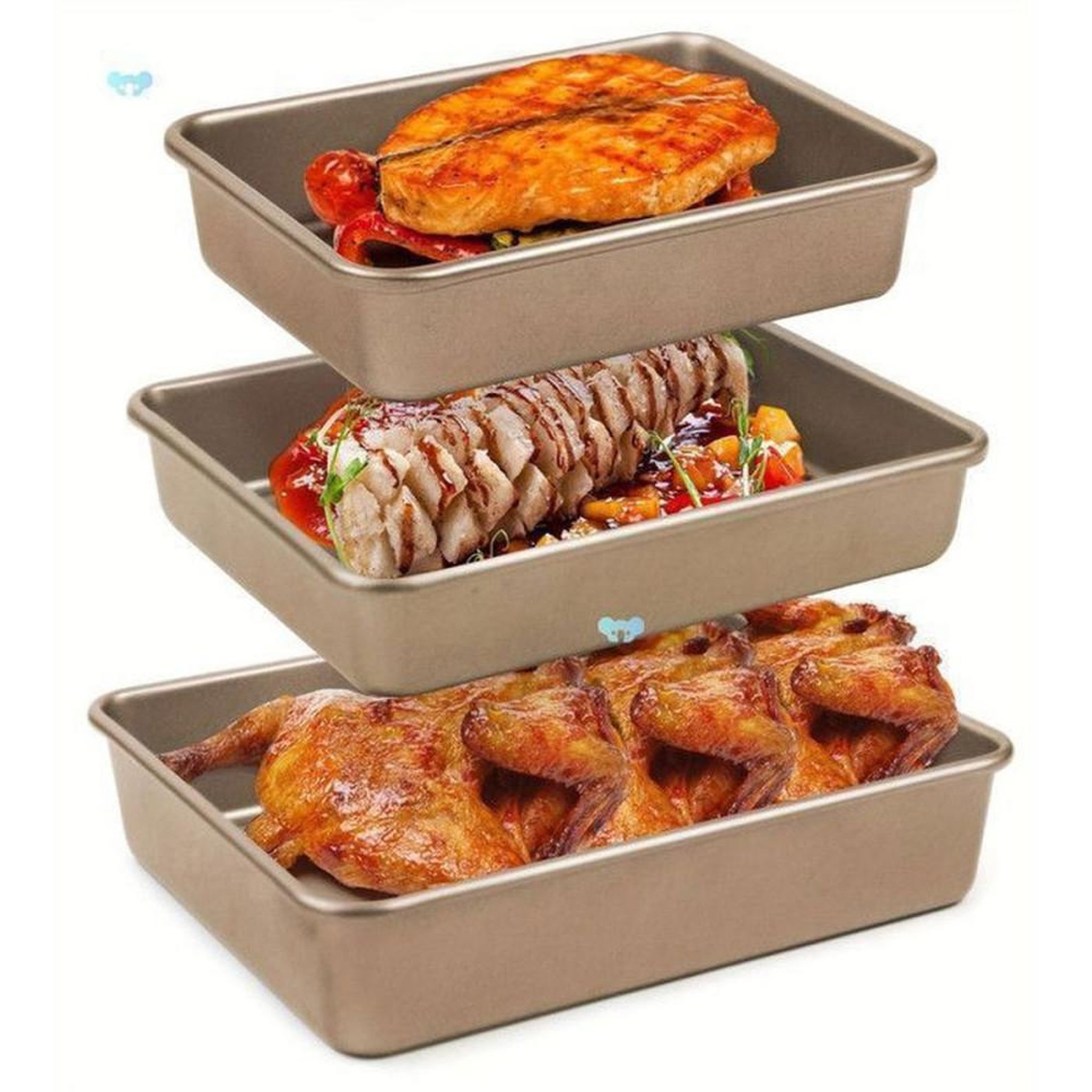 Voir la diapositive 2 : Set de 3 plateaux de cuisson rectangulaires pour four acier au carbone inox 22 28 32 cm antiadhésifs empilables