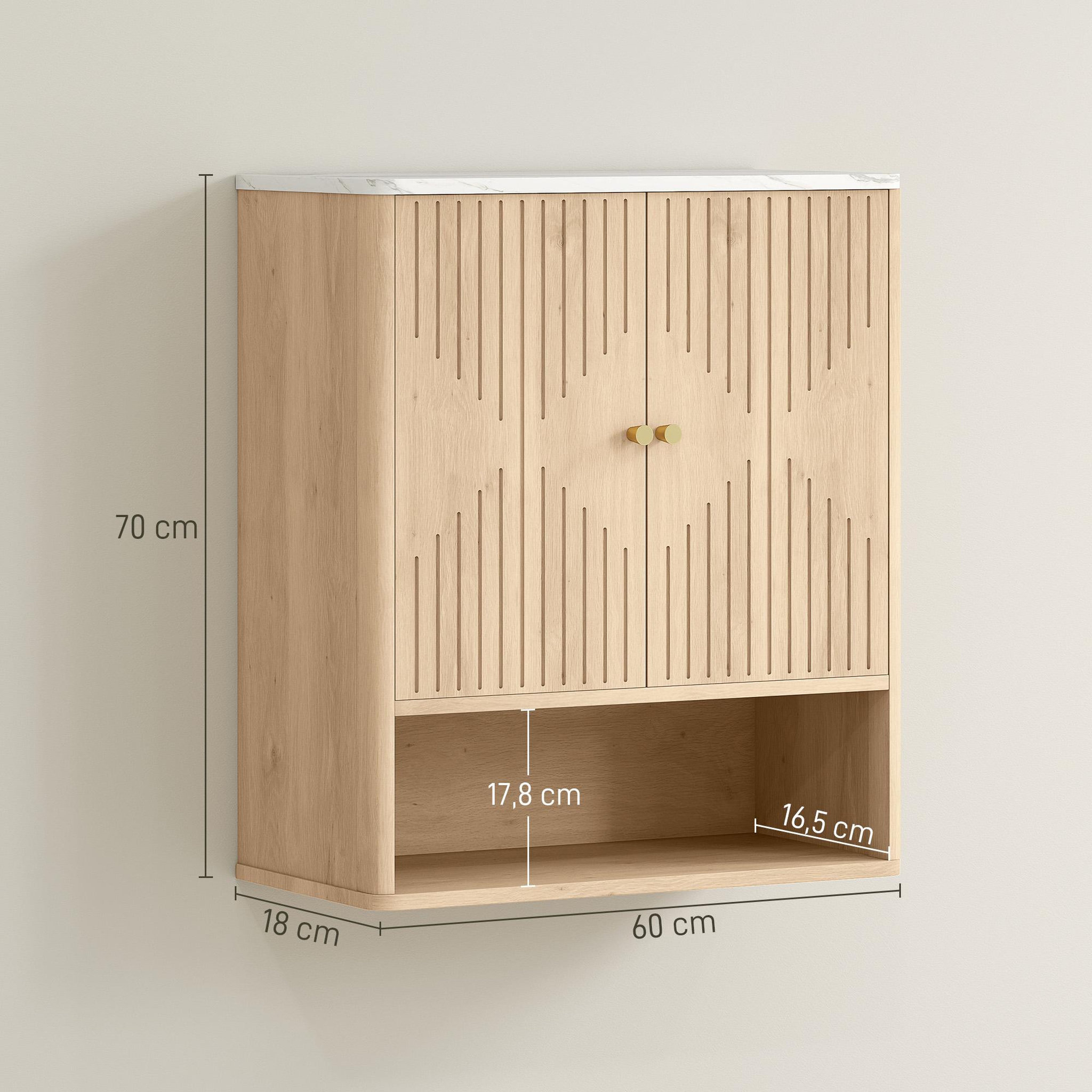 Voir la diapositive 3 : HOMCOM Armoire murale de salle de bain 2 portes étagère niche style bois naturel dim. 60 x 18 x 70 cm poignées métal doré
