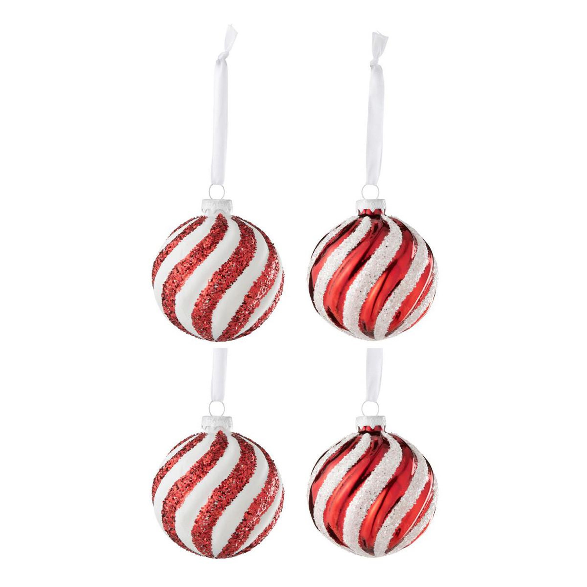 J-LINE Lot de 4 boules de noël  lignes  8cm rouge & blanc