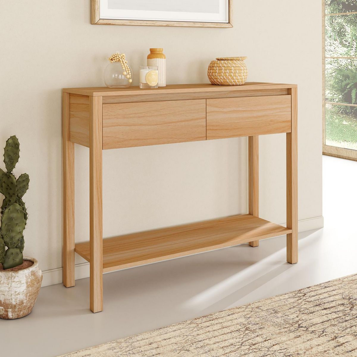 ID MARKET Console 2 tiroirs TOSCANE 1 étagère effet teck