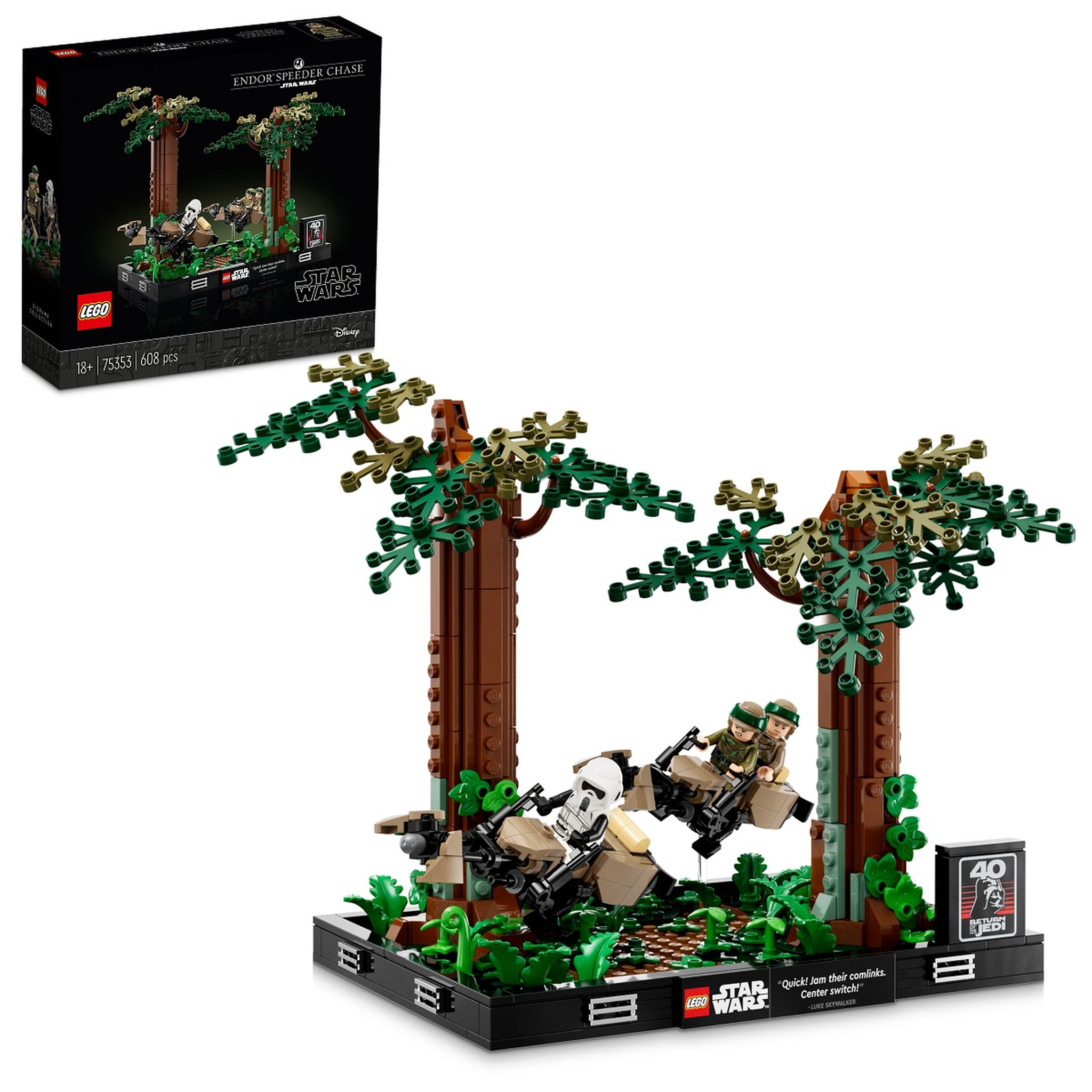 Voir la diapositive 2 : LEGO Star Wars 75353 Diorama de la Course-Poursuite en Speeder sur Endor, Maquette avec Luke Skywalker, Princesse Leia et Scout Trooper plus Speeder Bikes, Collection Le Retour du Jedi