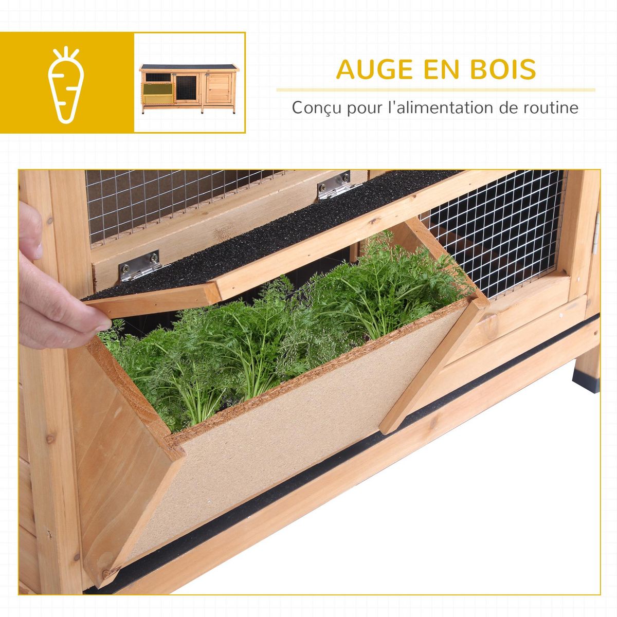 PAWHUT Clapier sur pieds - cage à lapin - 2 plateaux coulissants à excrément, 2 portes verrouillables, toit bitumé ouvrant, râtelier à foin - bois sapin pré-huilé